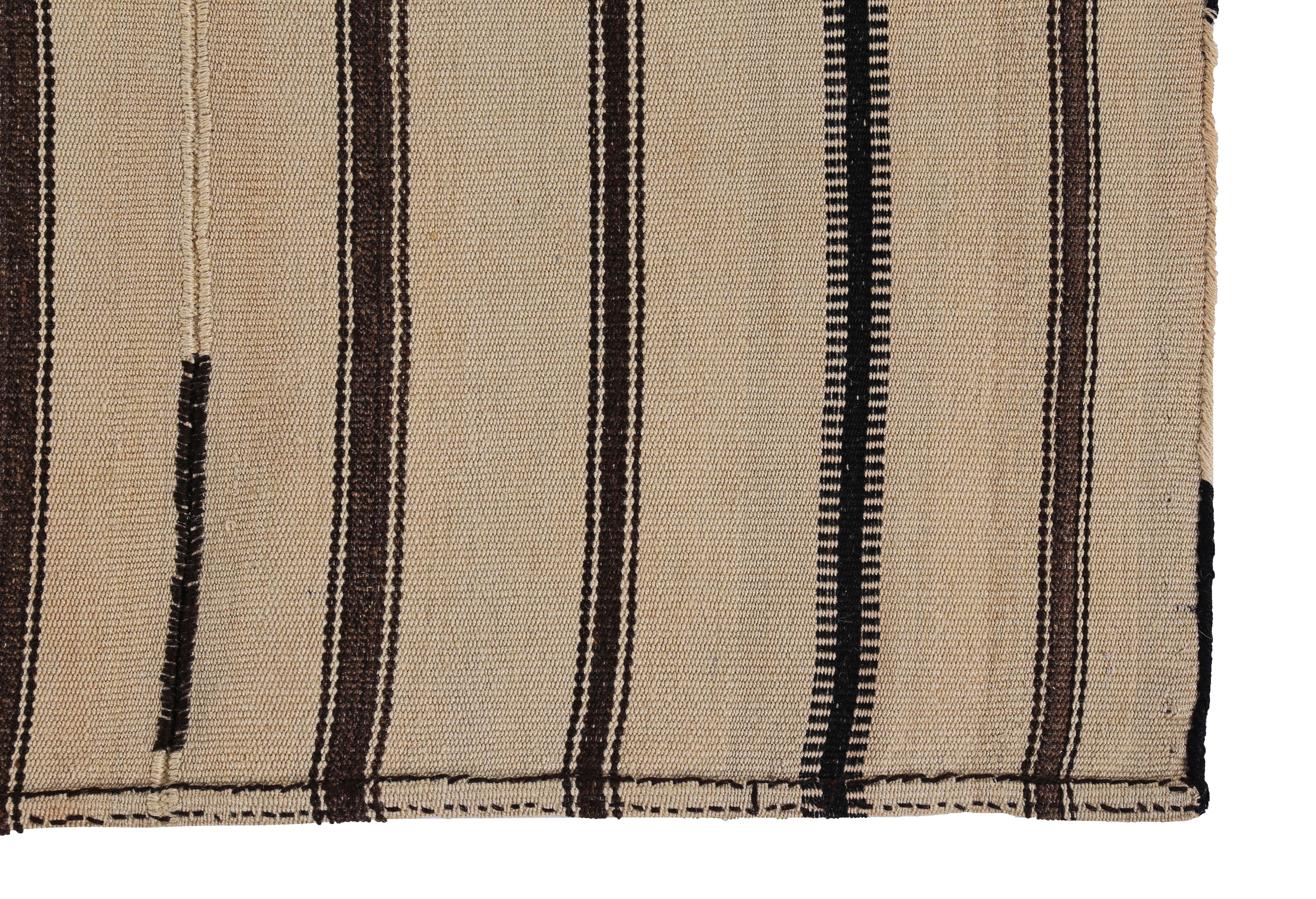 Hand-Woven Modern Turkish Kilim Rug with Black and Brown Pencil Stripes in a Beige Field For Sale
