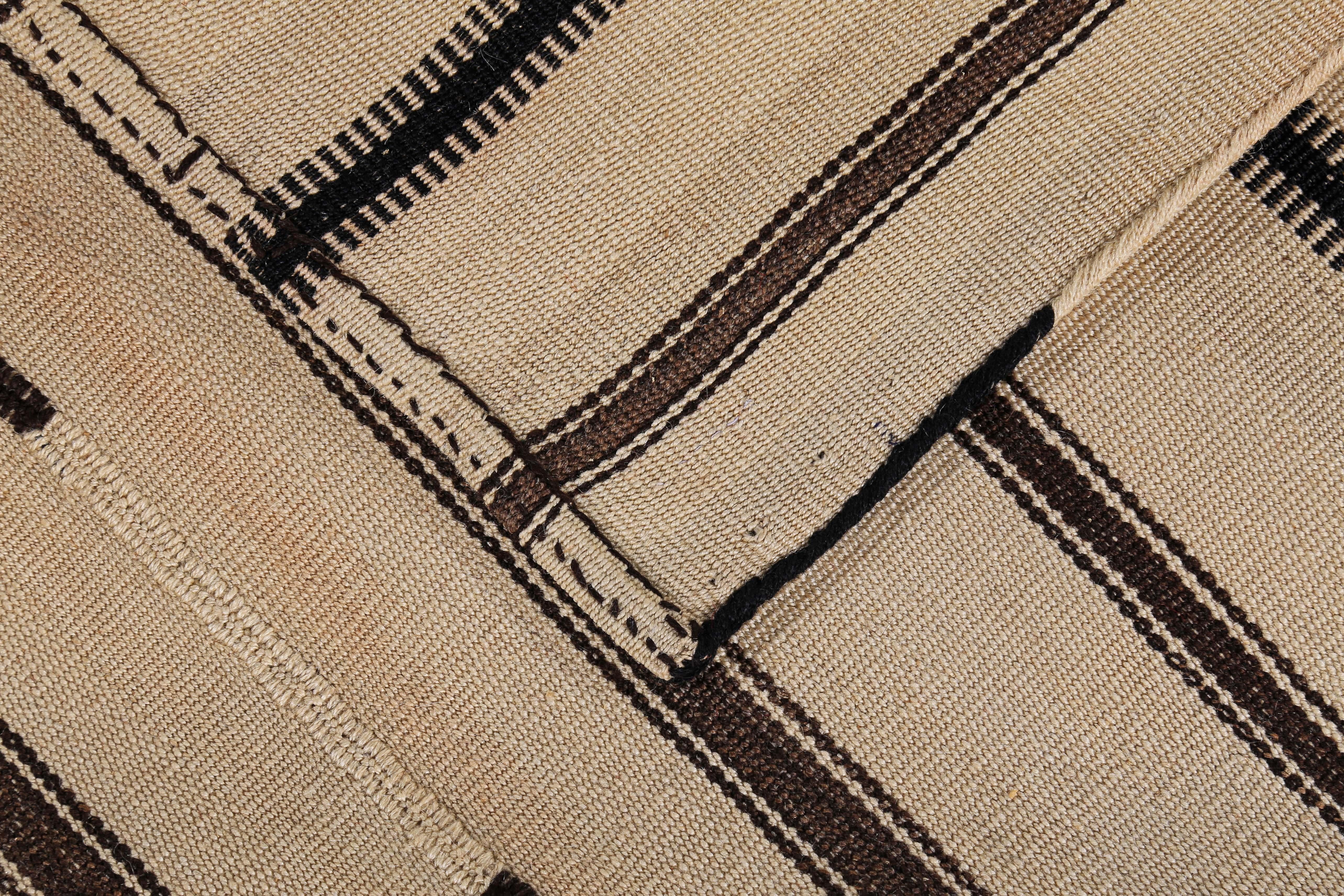 Contemporary Modern Turkish Kilim Rug with Black and Brown Pencil Stripes in a Beige Field For Sale