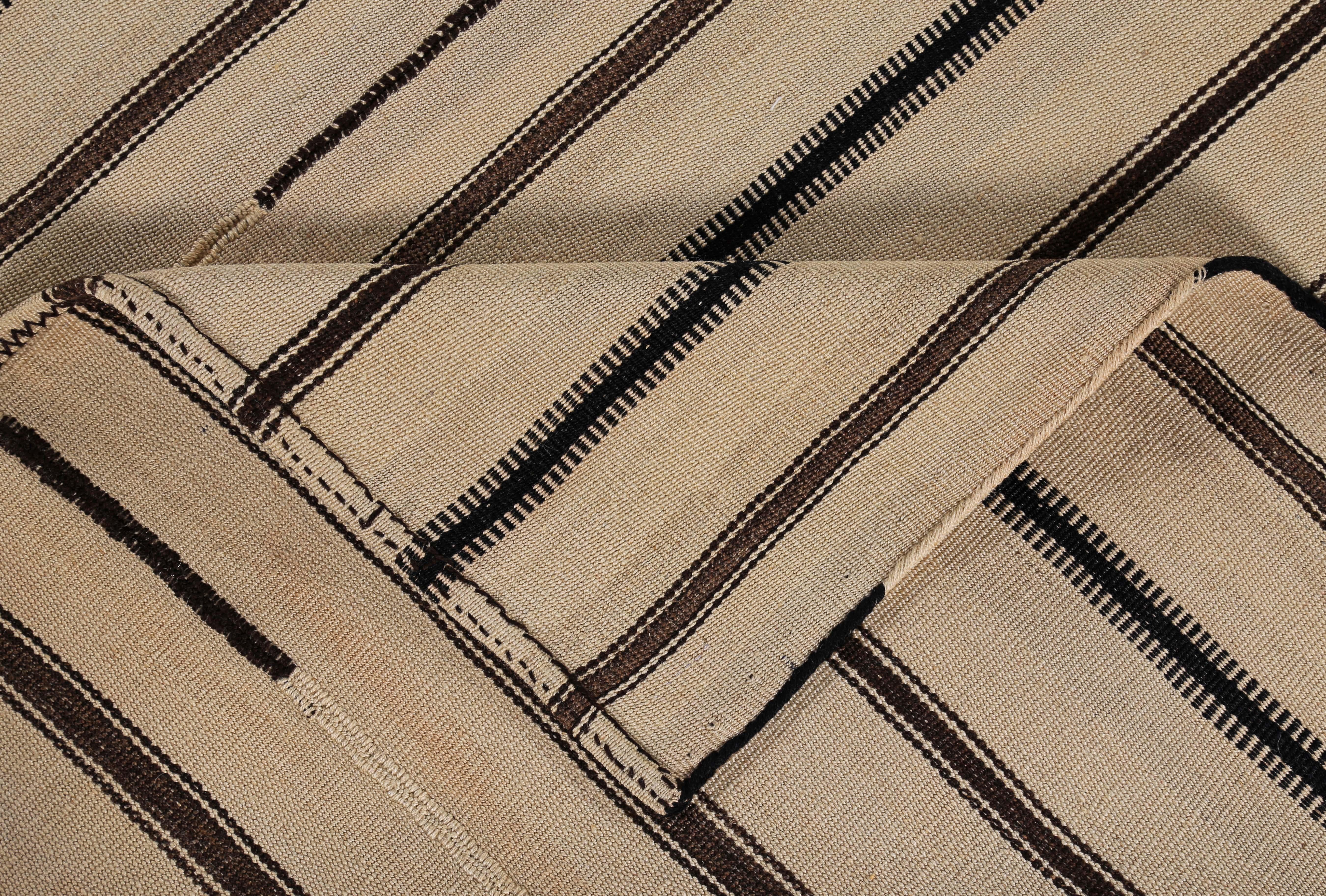 Wool Modern Turkish Kilim Rug with Black and Brown Pencil Stripes in a Beige Field For Sale