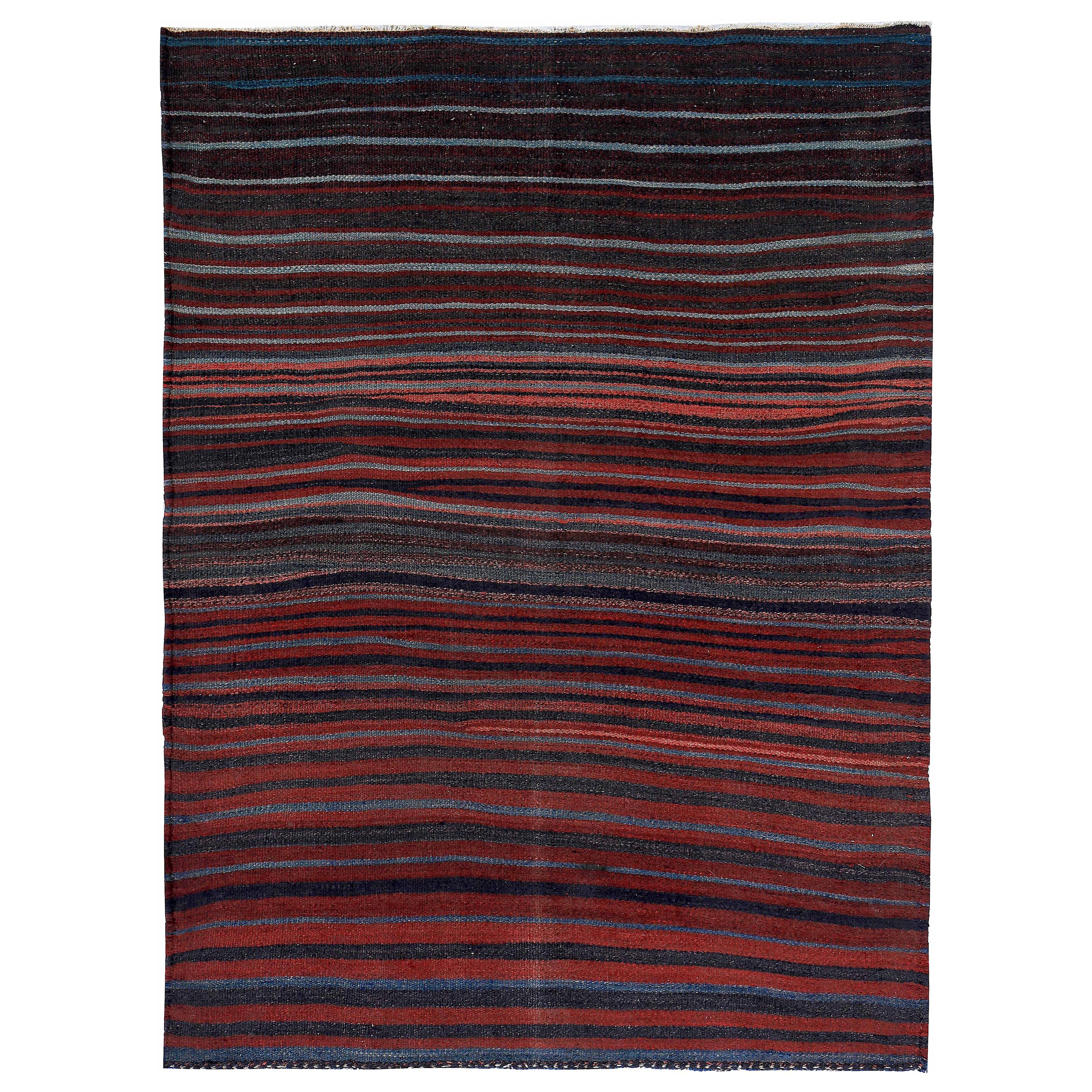 Moderner türkischer Kelim-Teppich mit schwarzen, roten und blauen Streifen