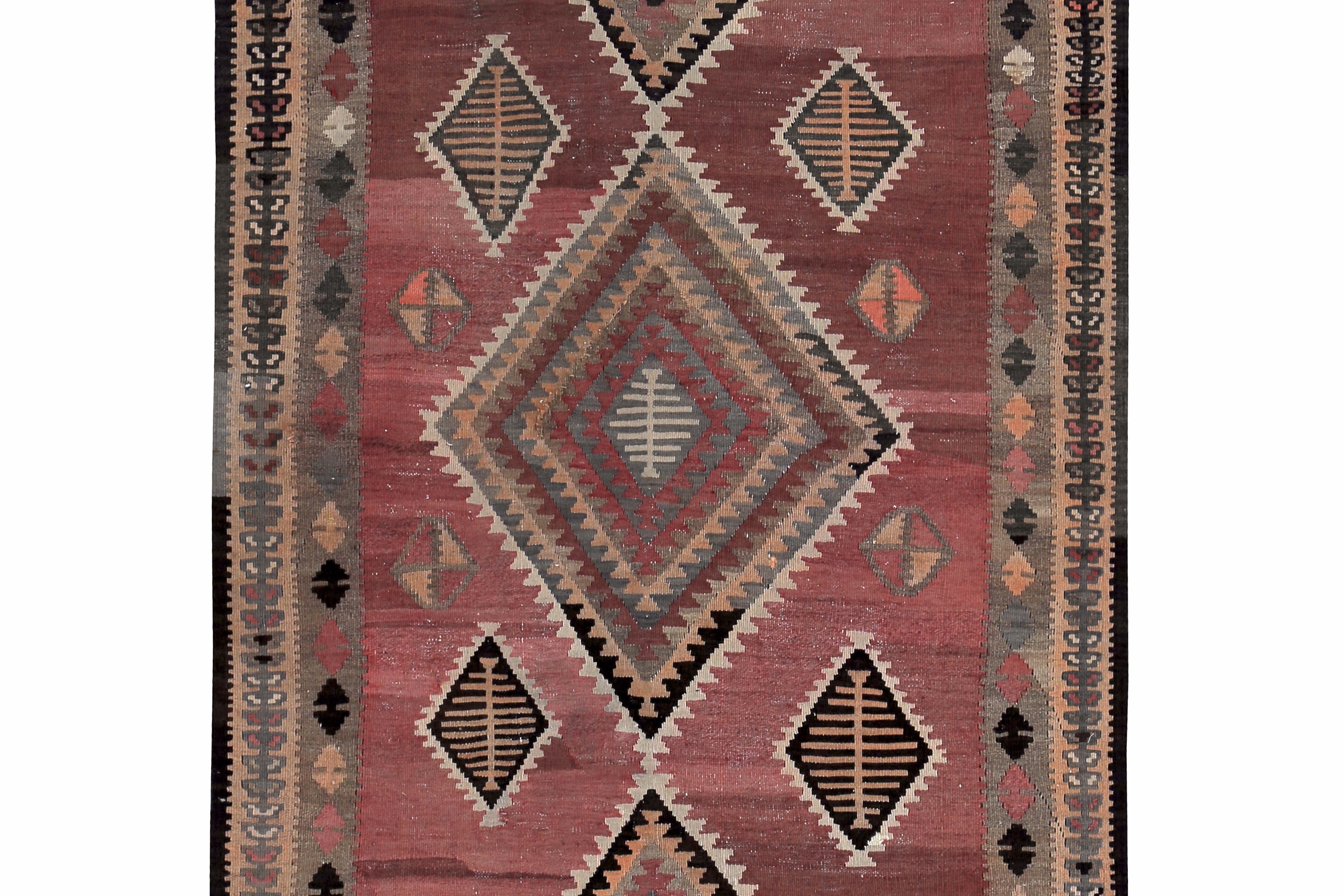 Hand-Woven Modern Turkish Kilim Rug with Black and Red Tribal Diamonds on Orange Field For Sale