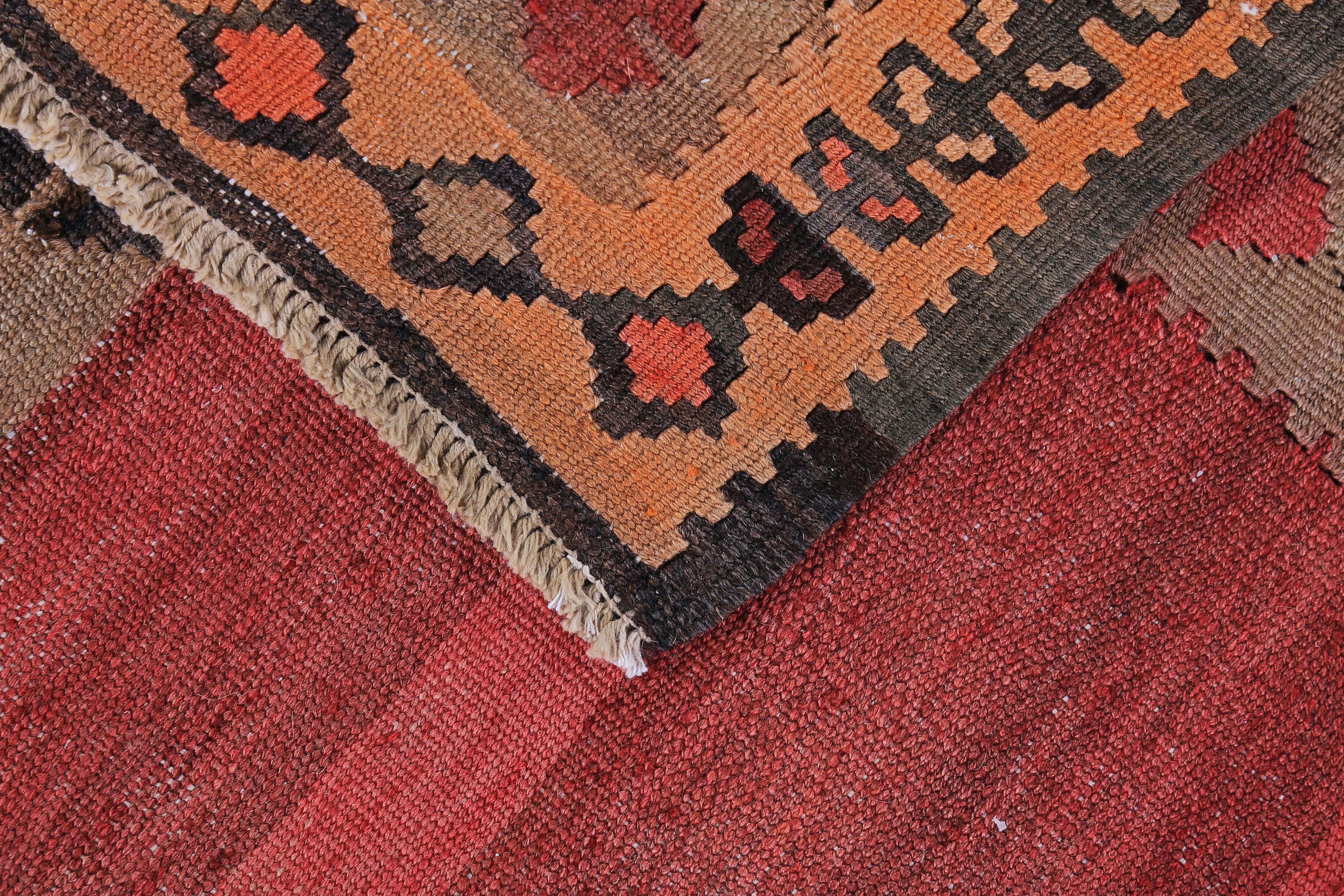 Wool Modern Turkish Kilim Rug with Black and Red Tribal Diamonds on Orange Field For Sale
