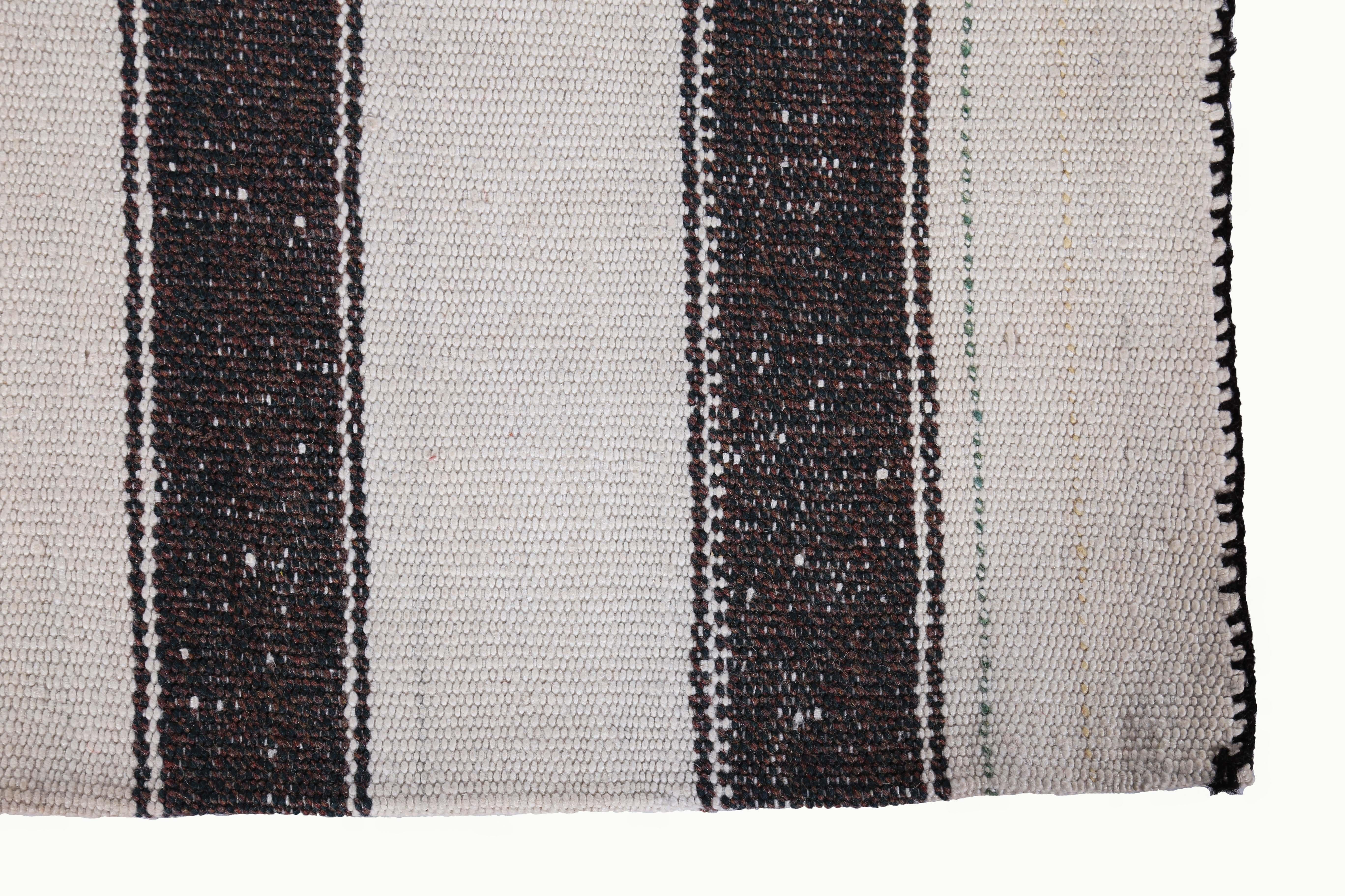 Hand-Woven Modern Turkish Kilim Rug with Black Stripes in a White Field For Sale