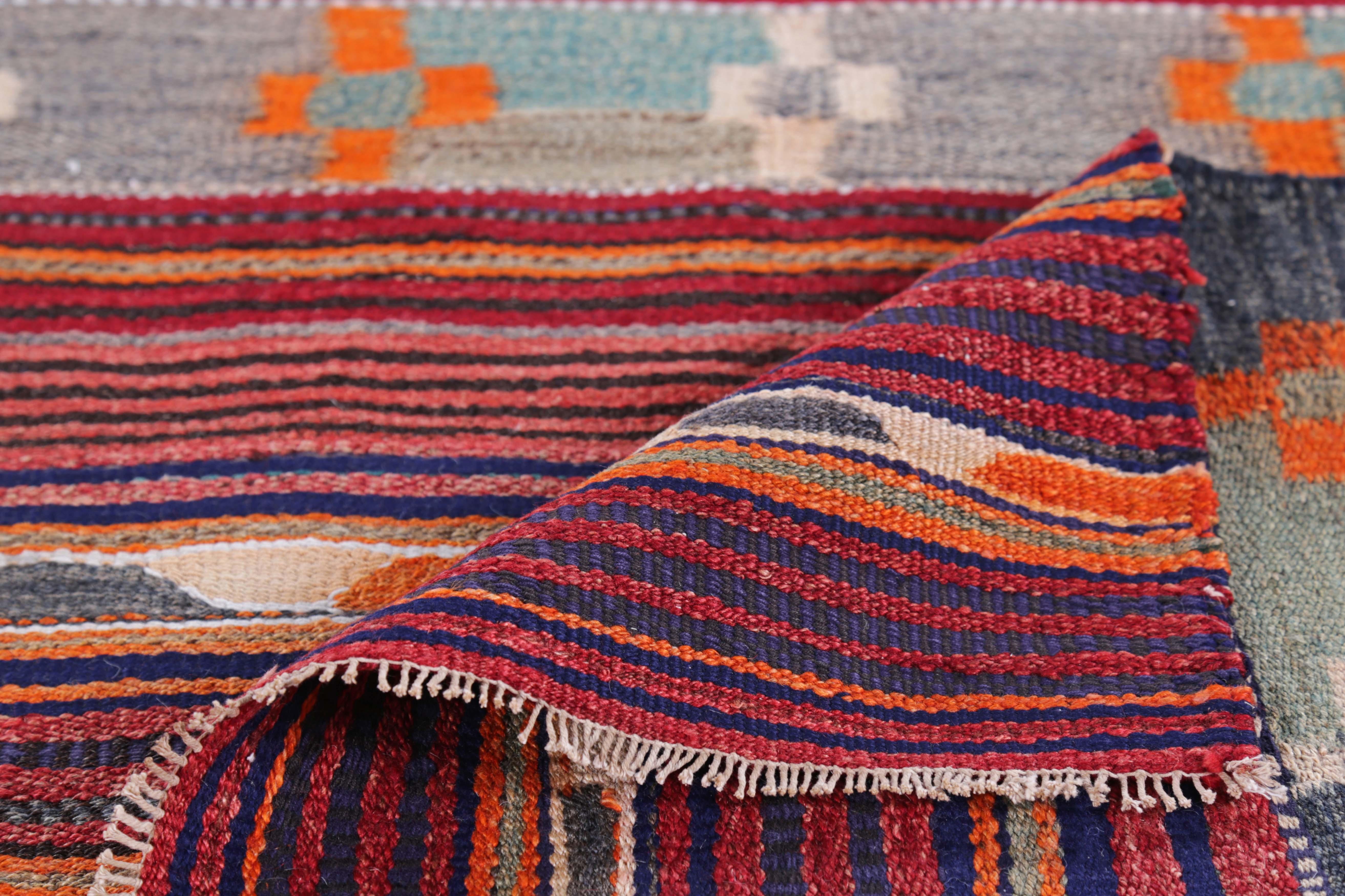 Modern Turkish Kilim Rug with Blue, Green & Orange Tribal Design in a Red Field In New Condition For Sale In Dallas, TX