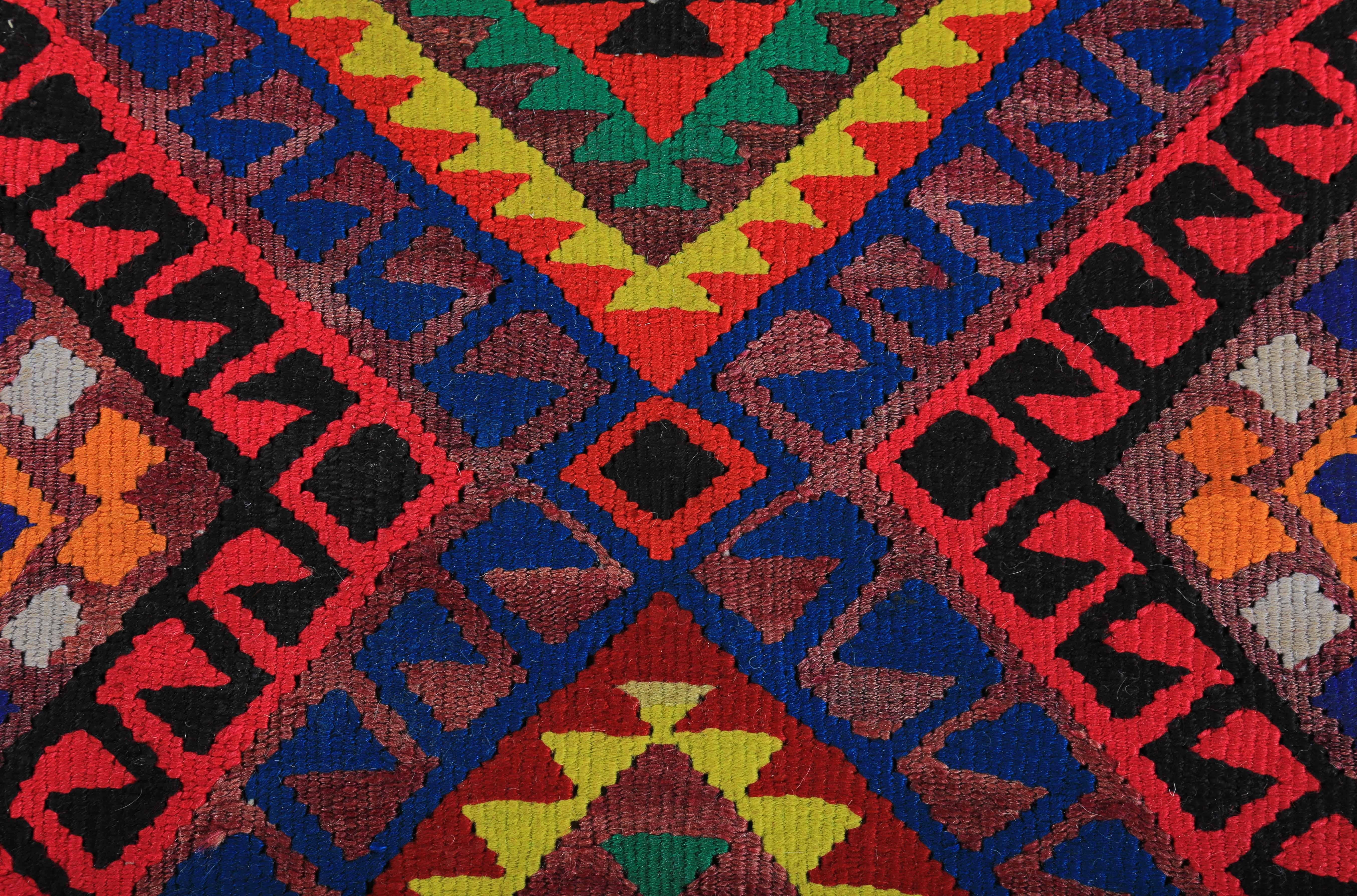 Hand-Woven Modern Turkish Kilim Rug with Bright Colored Diamond Details For Sale