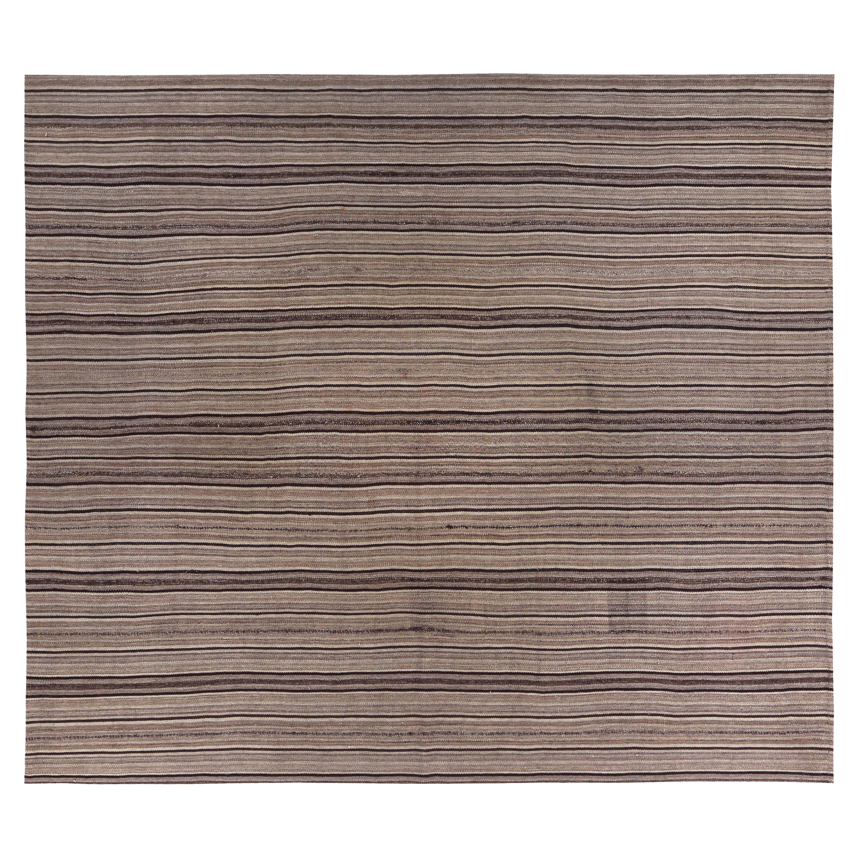 Modern Turkish Kilim Rug with Brown and Beige Pencil Stripes For Sale