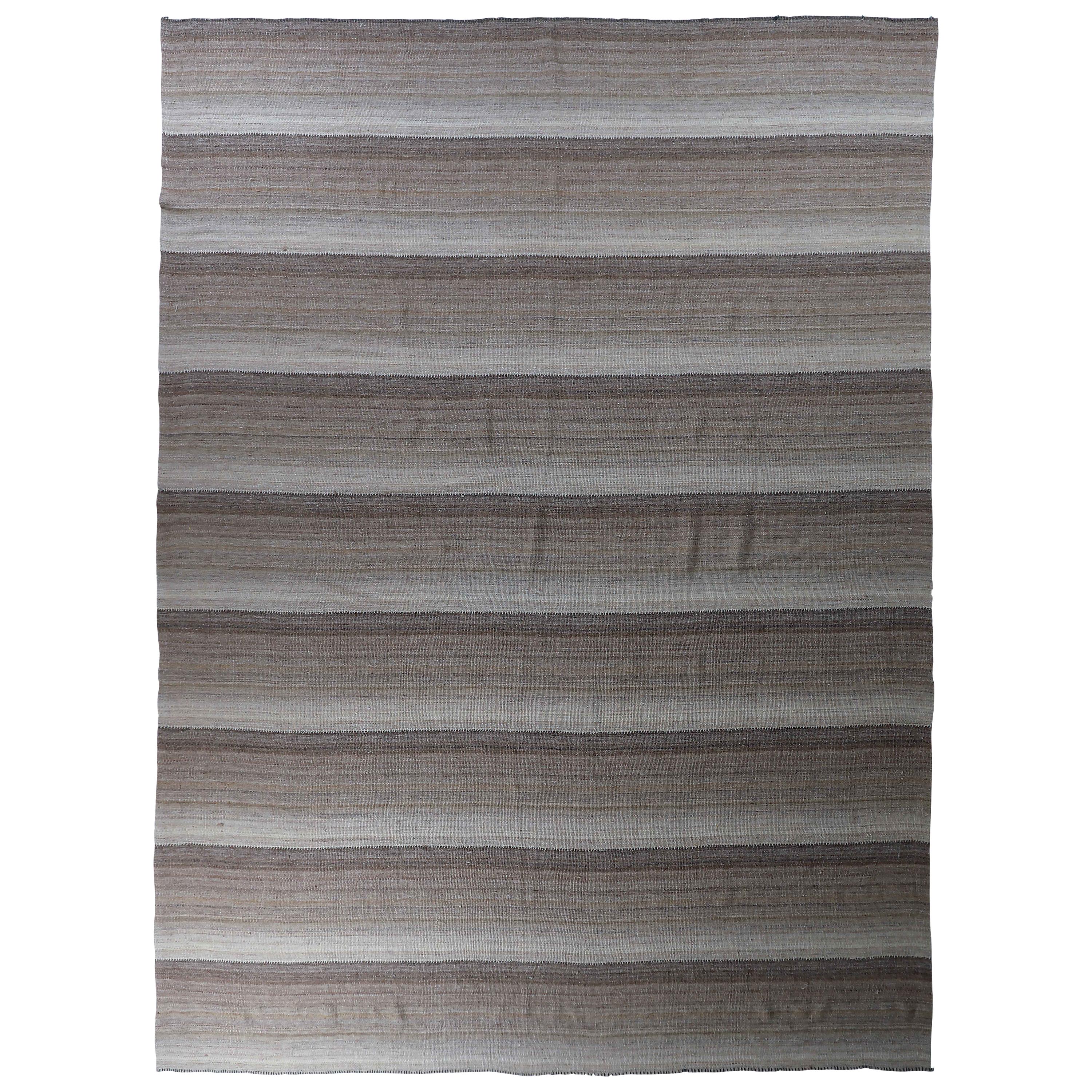 Modern Turkish Kilim Rug with Brown and Gray Stripes on Ivory Field