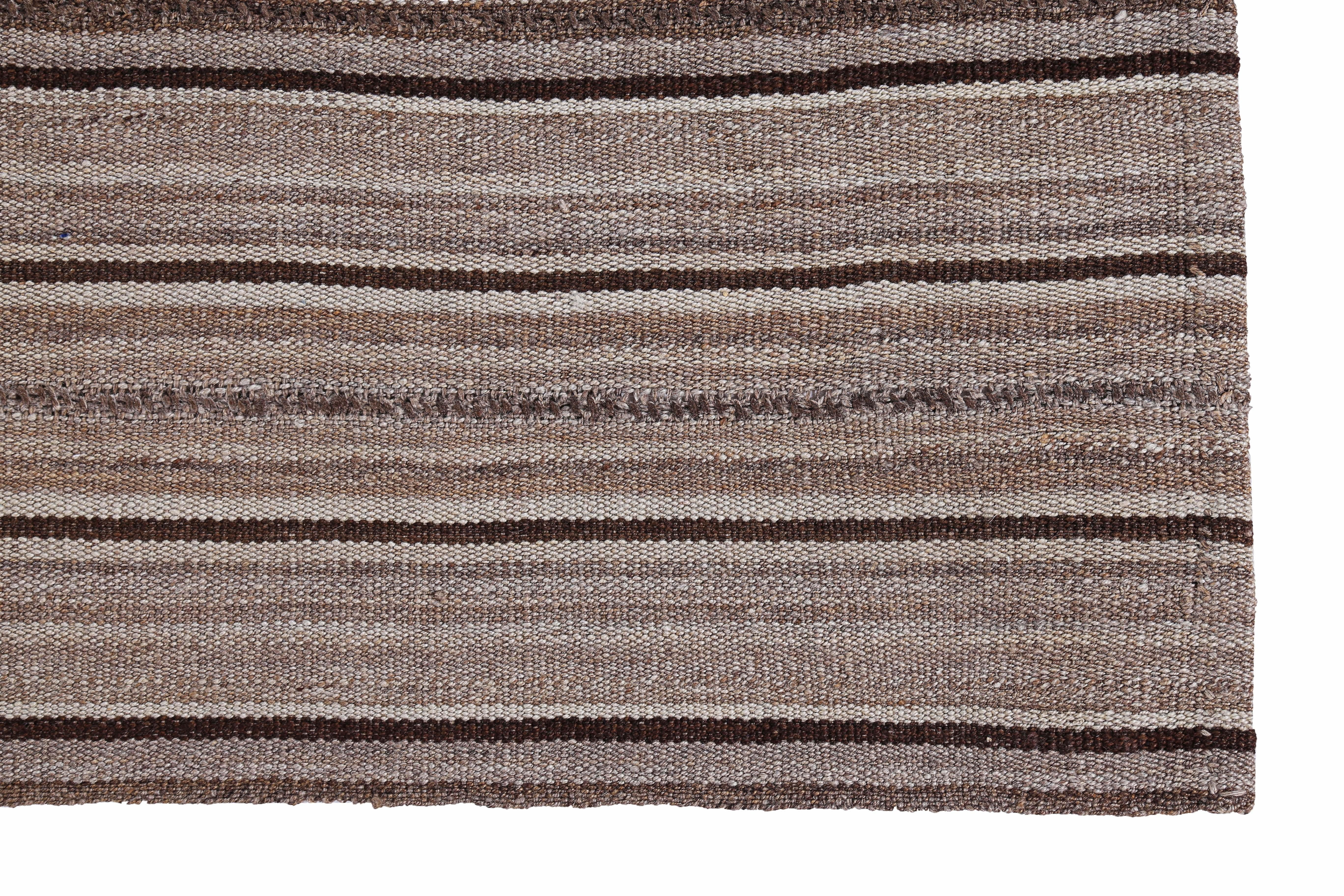 Hand-Woven Modern Turkish Kilim Rug with Brown and Beige Pencil Stripes For Sale