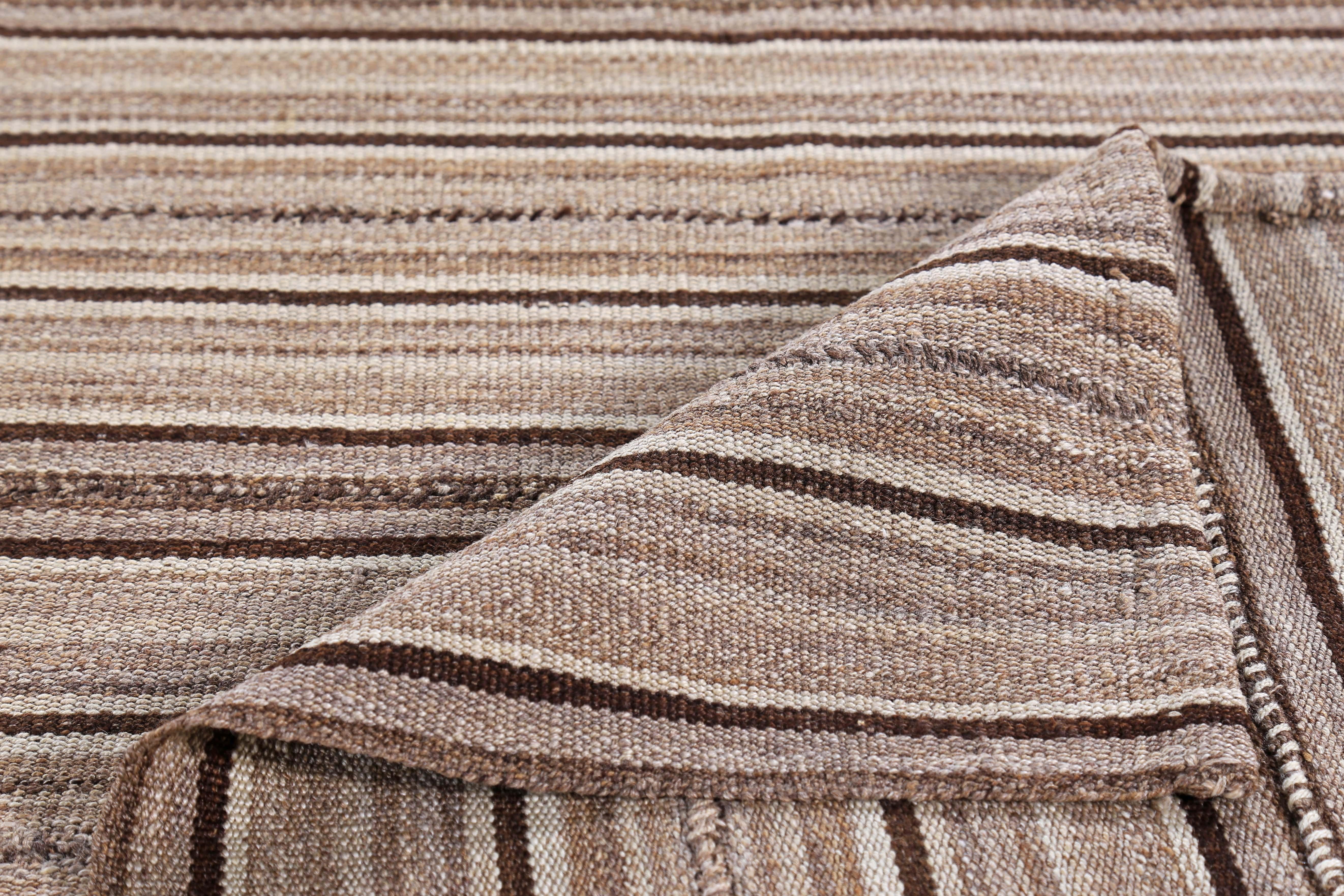 Modern Turkish Kilim Rug with Brown and Beige Pencil Stripes In New Condition For Sale In Dallas, TX