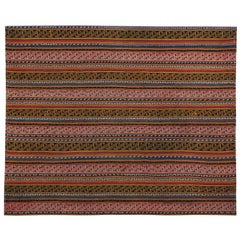 Tapis turc moderne Kilim à rayures tribales marron, bleues et blanches