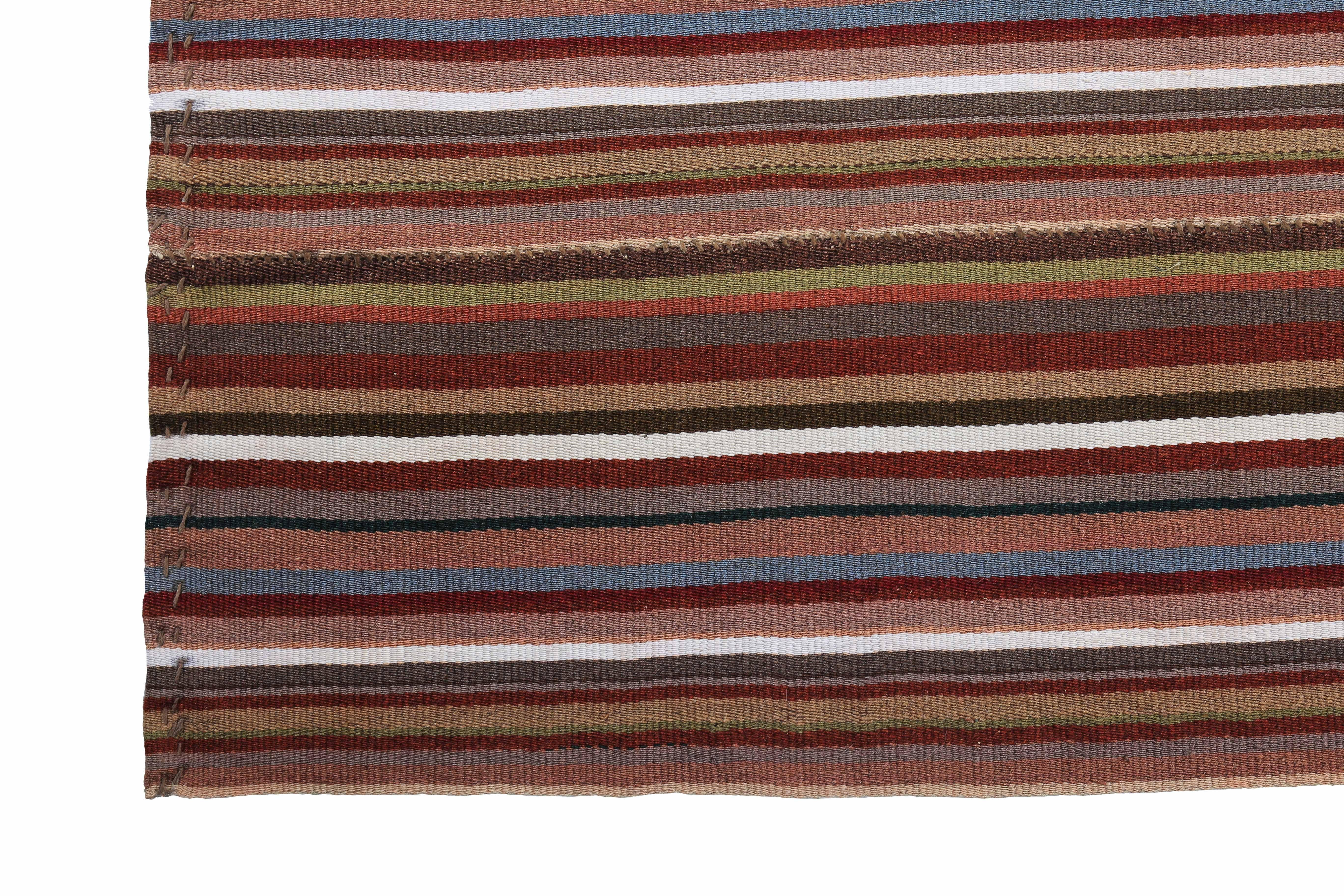 Hand-Woven Modern Turkish Kilim Rug with Brown, Gray and White Stripes For Sale