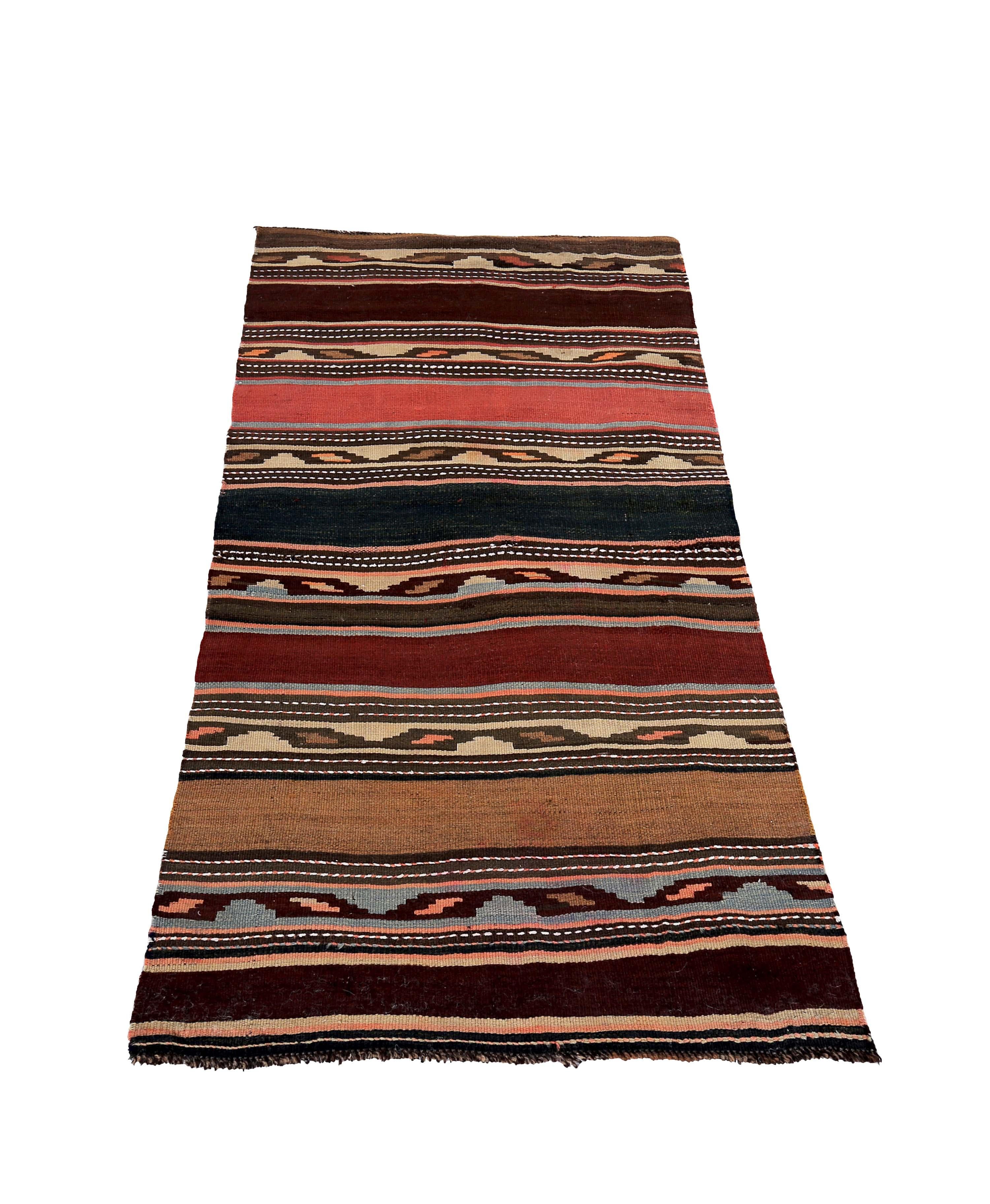 Turkish rug handwoven from the finest sheep’s wool and colored with all-natural vegetable dyes that are safe for humans and pets. It’s a traditional Kilim flat-weave design featuring brown, orange and beige tribal stripes. It’s a stunning piece to