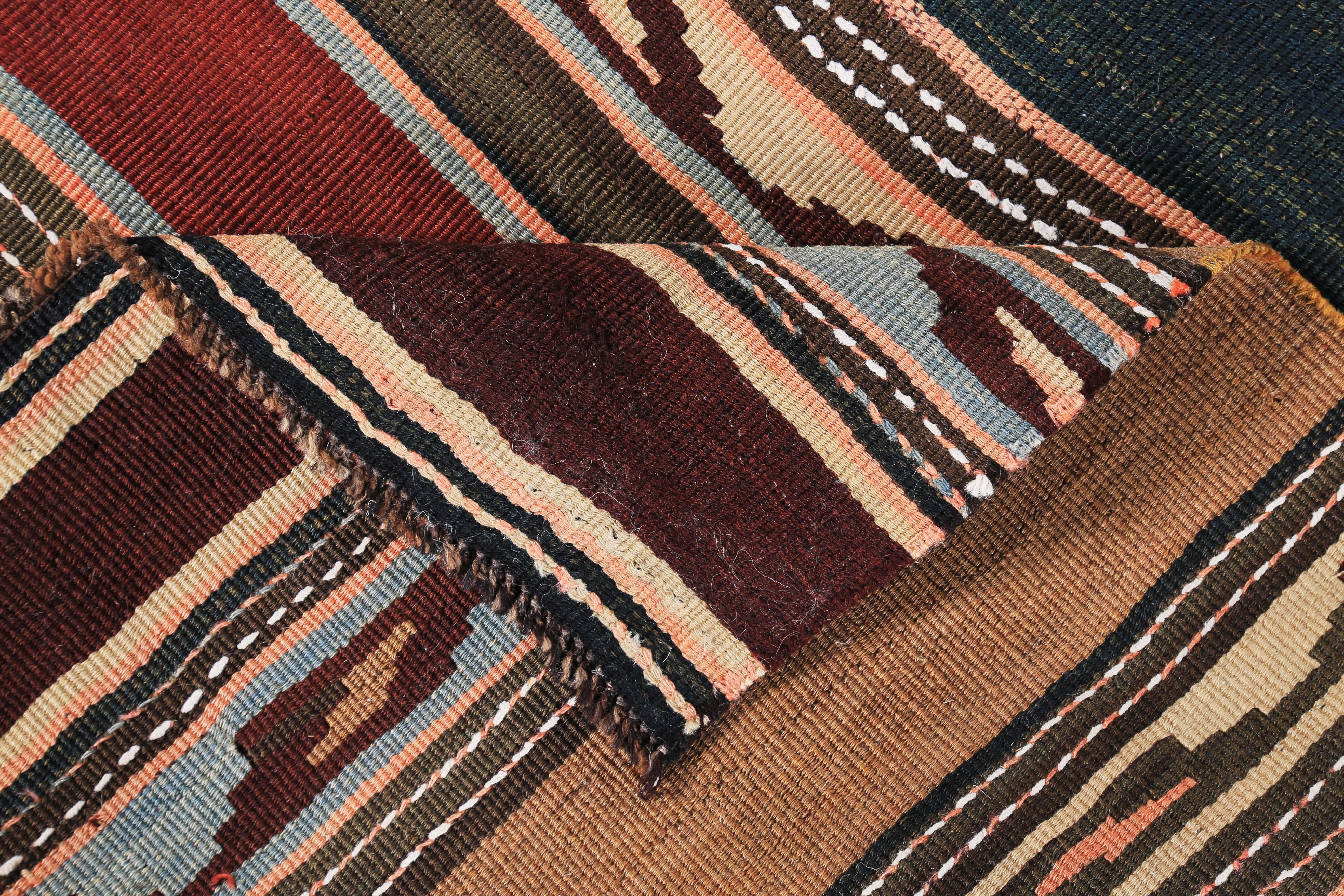 Wool Modern Turkish Kilim Rug with Brown, Orange and Beige Tribal Stripes For Sale