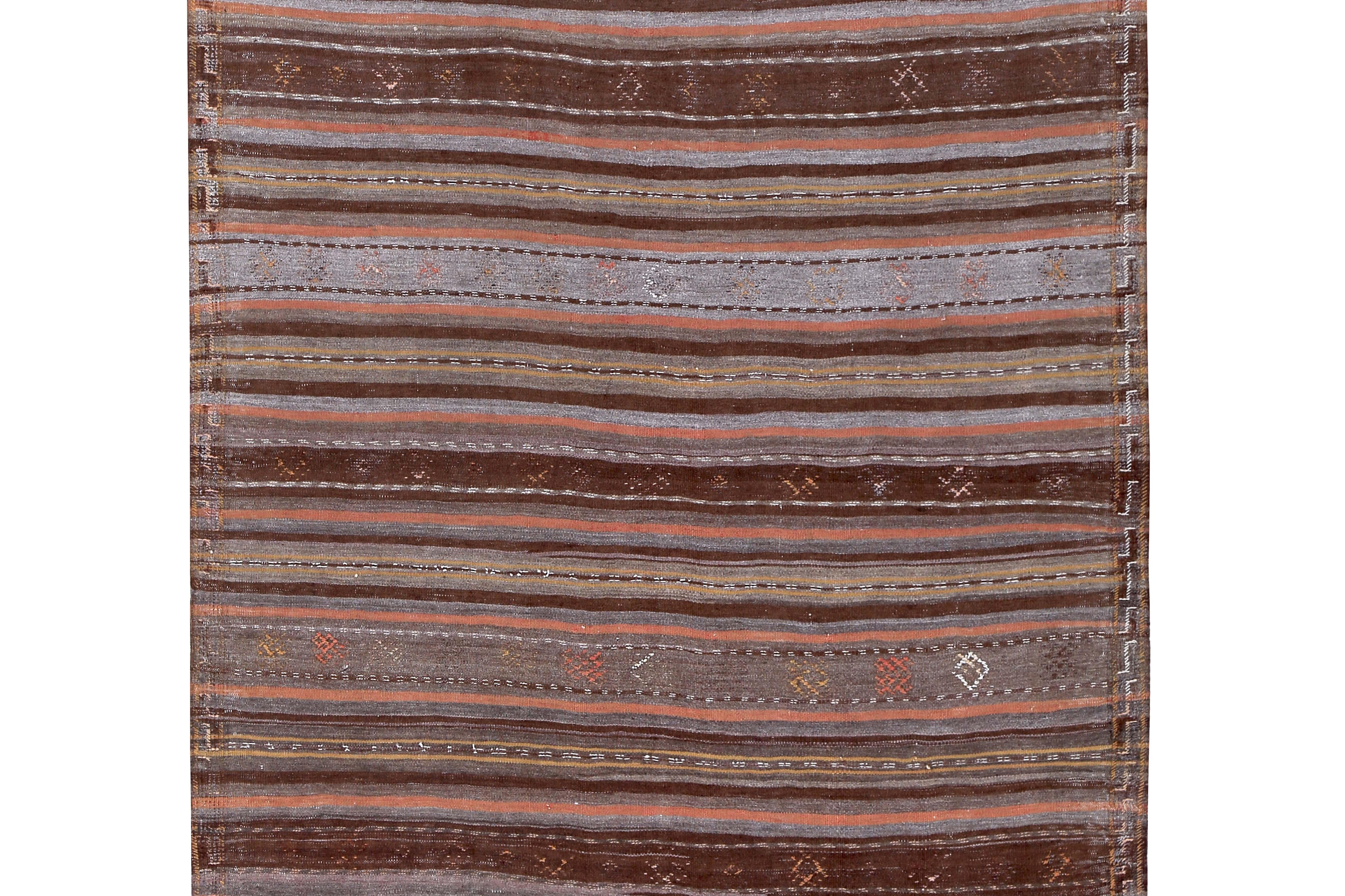 Hand-Woven Modern Turkish Kilim Rug with Brown, Orange and Gray Stripes For Sale