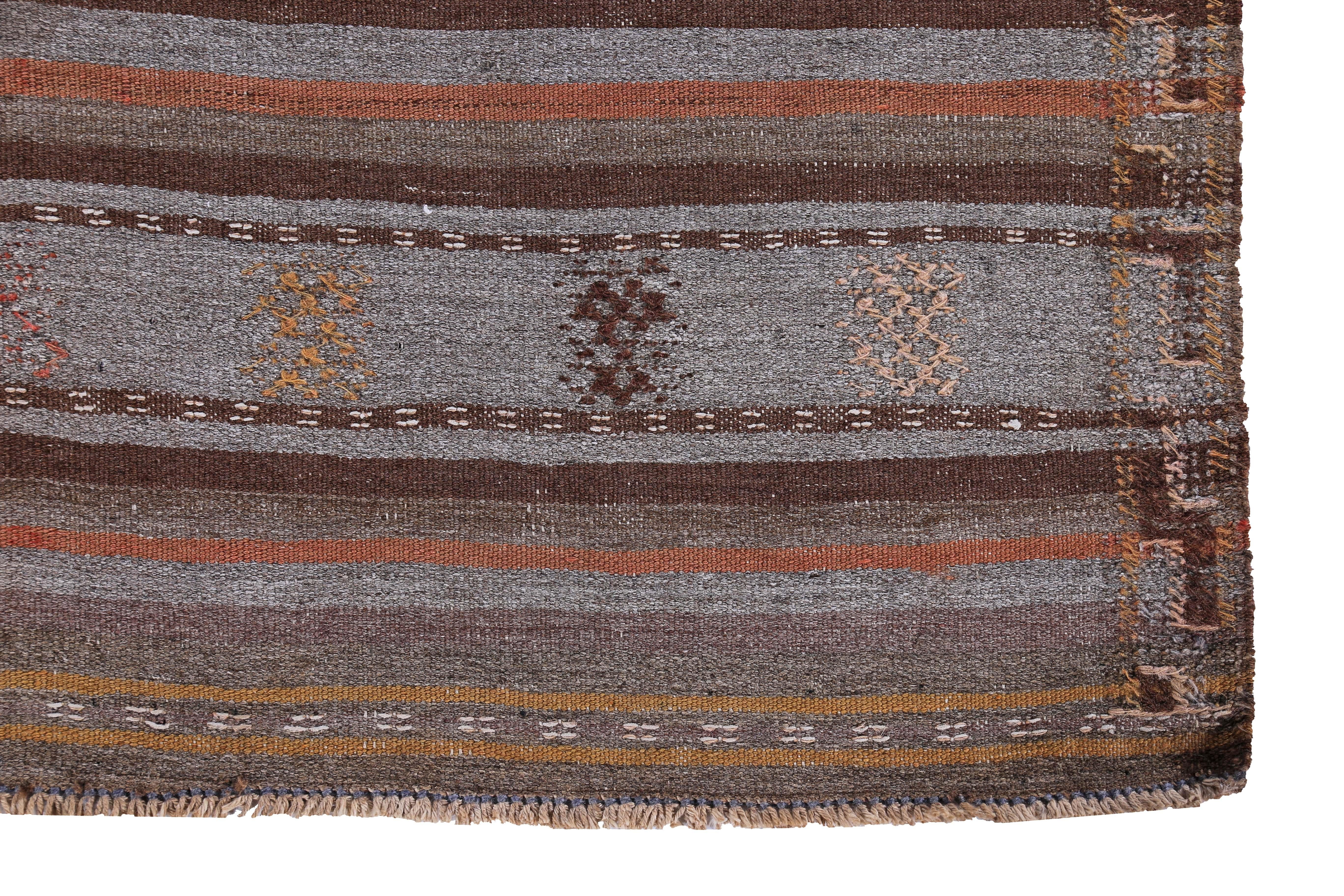 Modern Turkish Kilim Rug with Brown, Orange and Gray Stripes In New Condition For Sale In Dallas, TX