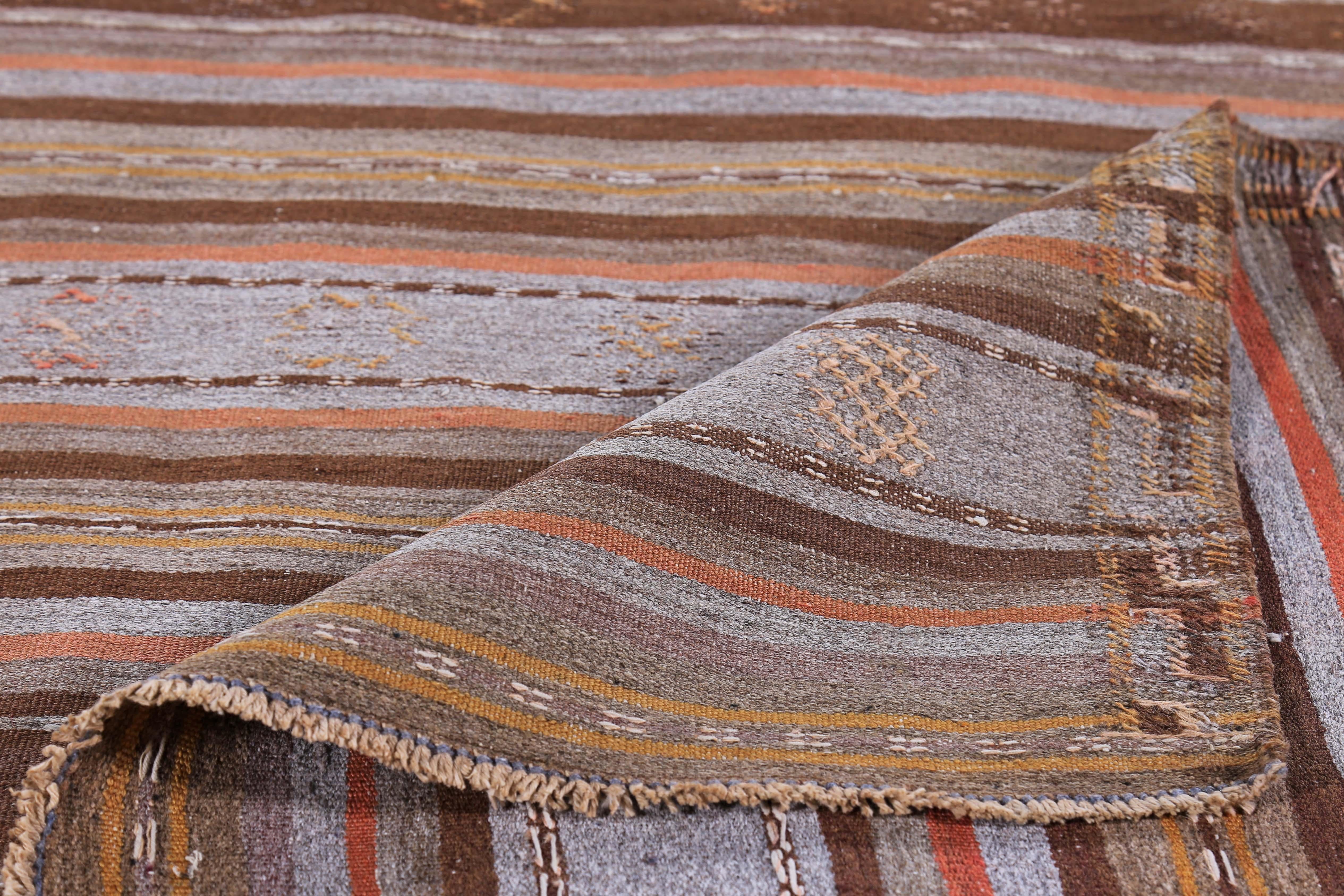 Contemporary Modern Turkish Kilim Rug with Brown, Orange and Gray Stripes For Sale