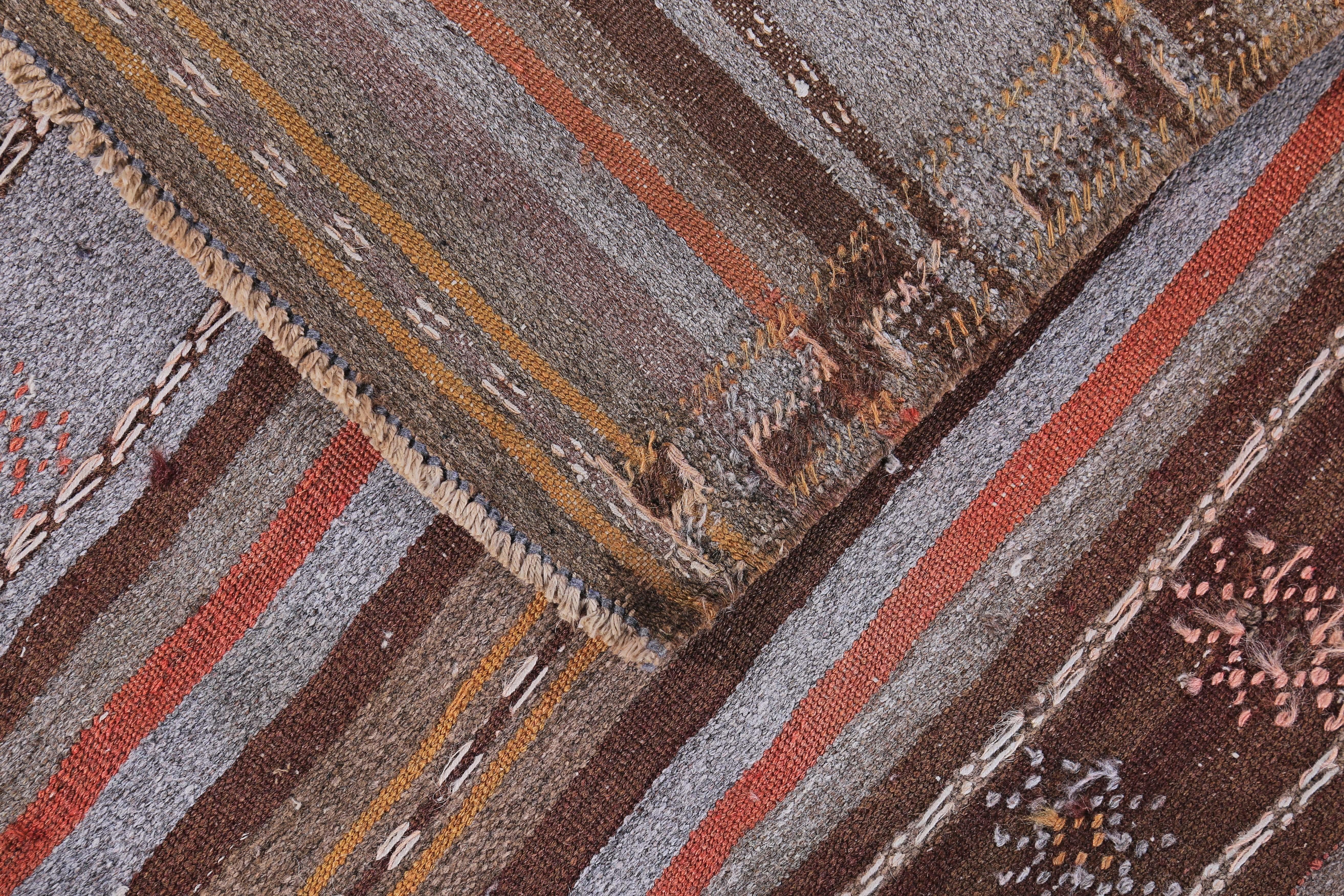 Wool Modern Turkish Kilim Rug with Brown, Orange and Gray Stripes For Sale