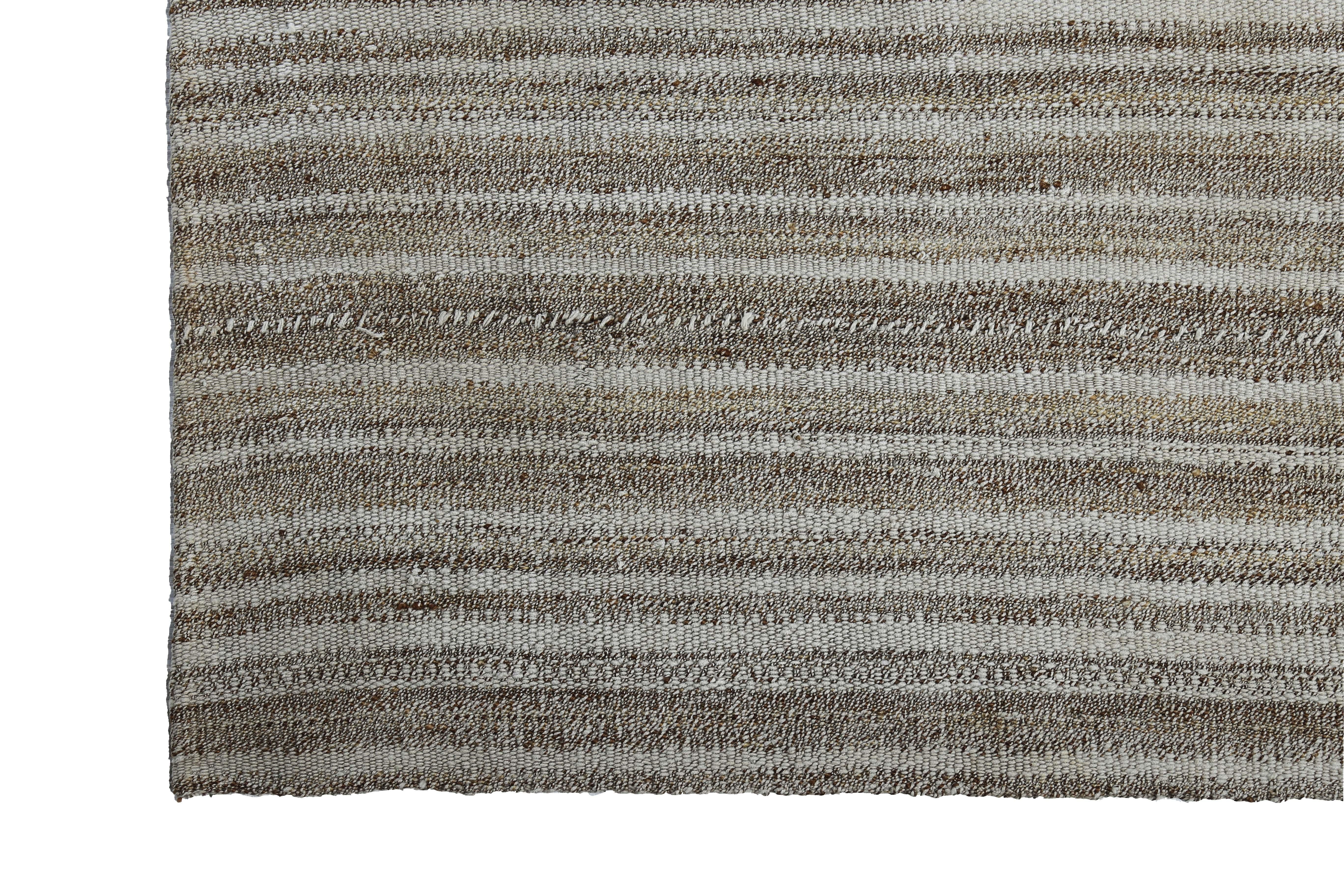 Hand-Woven Modern Turkish Kilim Rug with Brown Pencil Stripes on Gray Field For Sale