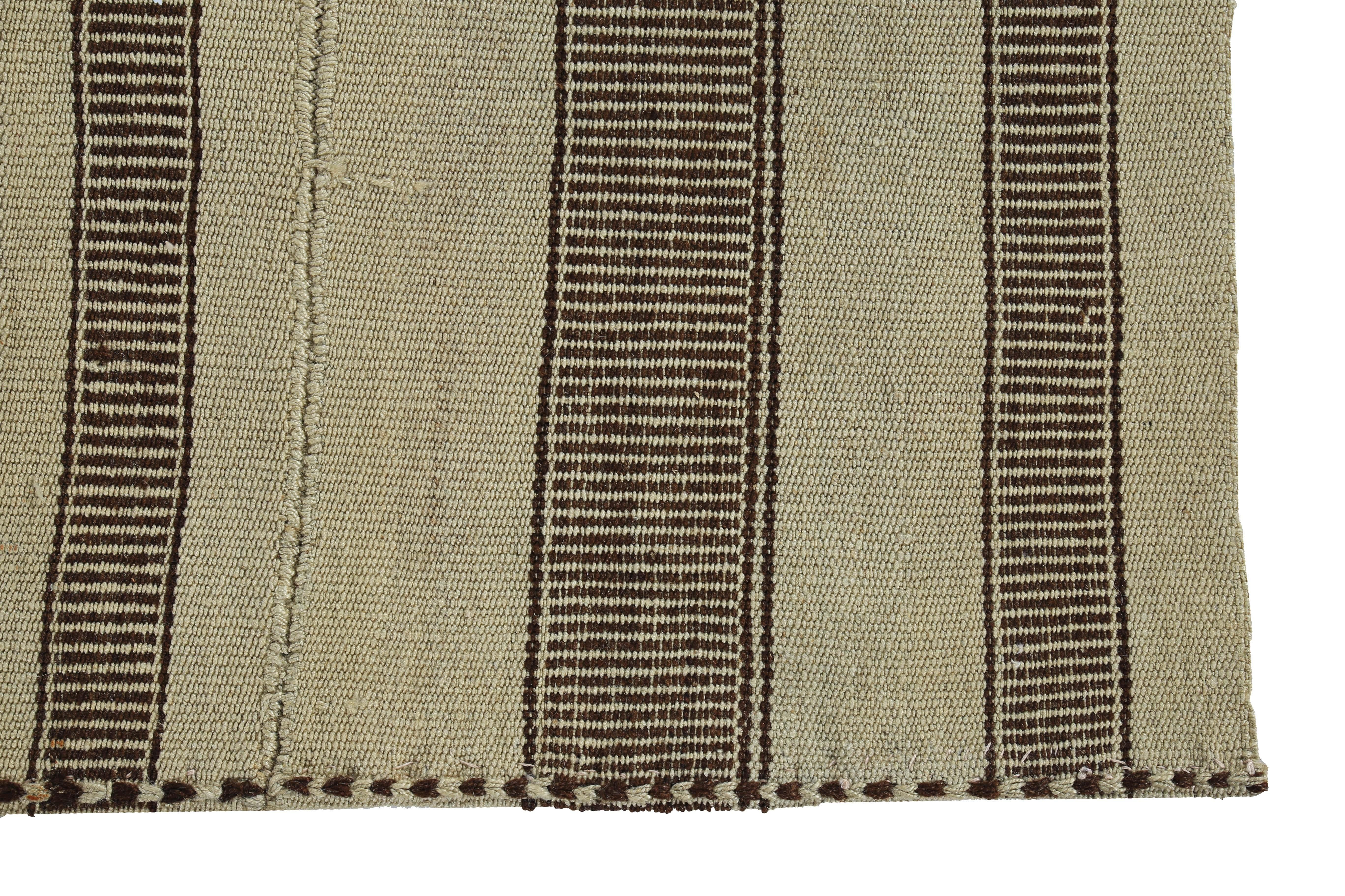 Hand-Woven Modern Turkish Kilim Rug with Brown Stripes on a Beige Field For Sale