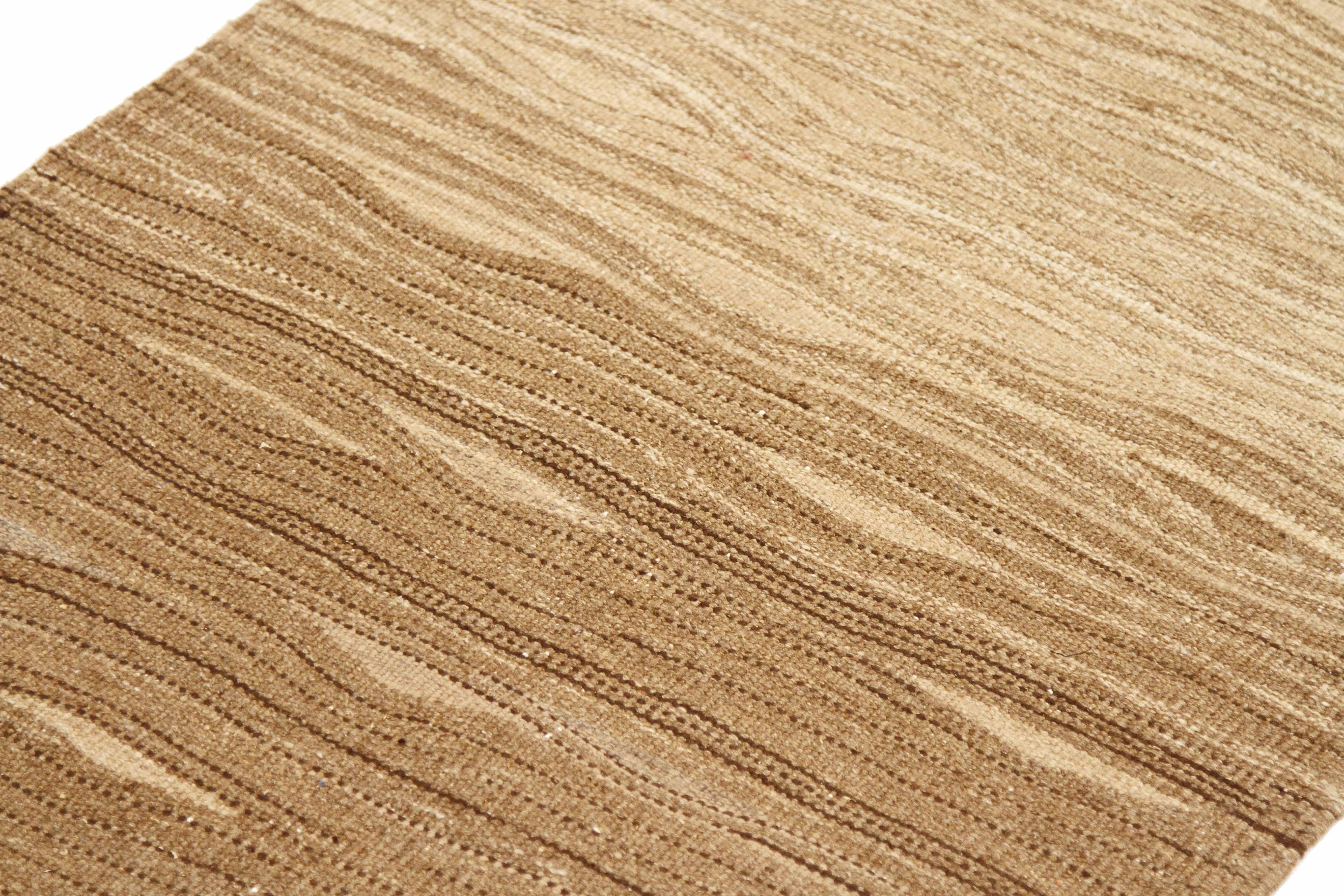 Hand-Woven Modern Turkish Kilim Rug with Brown ‘Wood Stain’ Details on Ivory Field For Sale