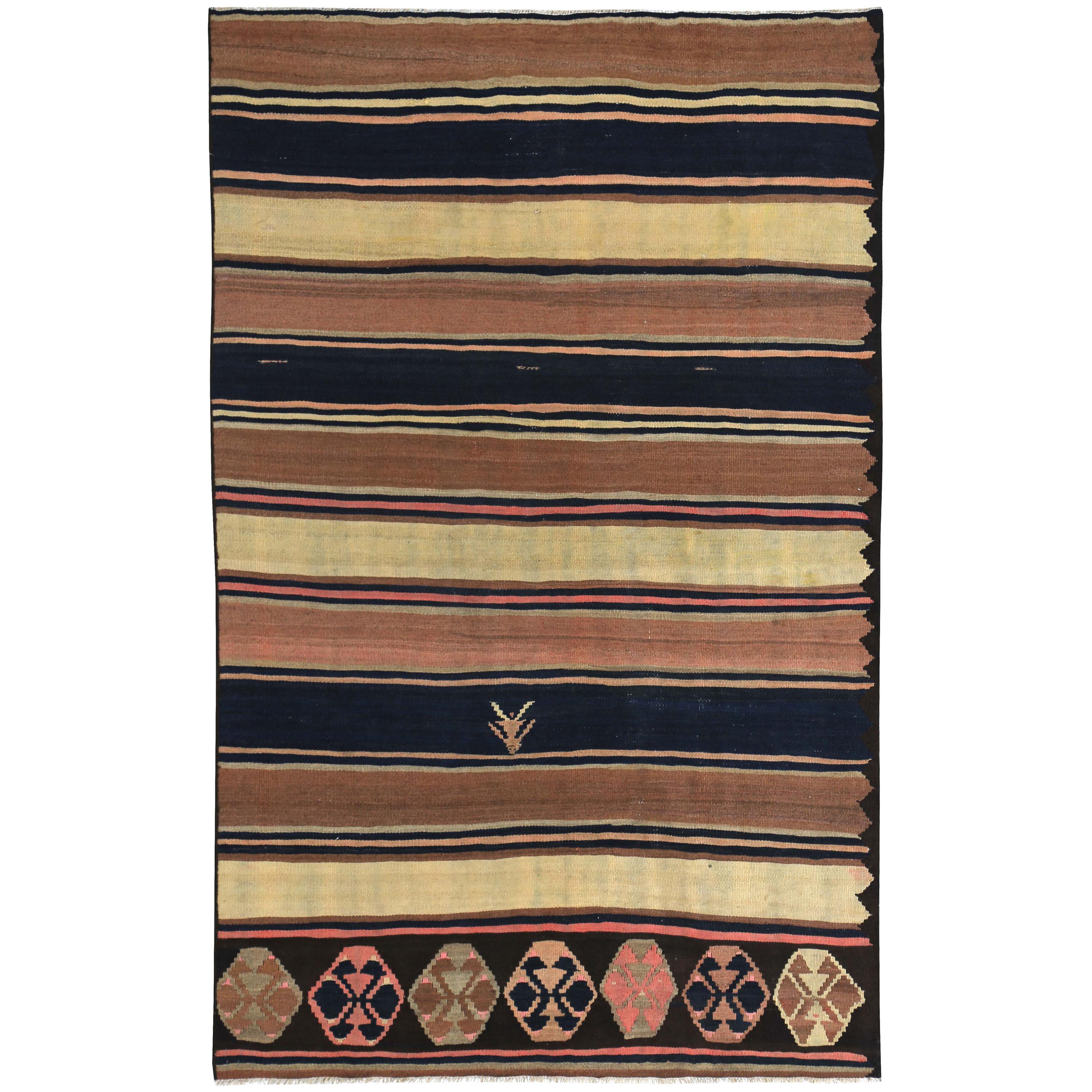 Modern Turkish Kilim Rug with Brown, Yellow, and Navy Stripes For Sale