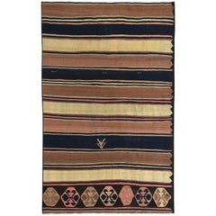 Modern Turkish Kilim Rug with Brown, Yellow, and Navy Stripes
