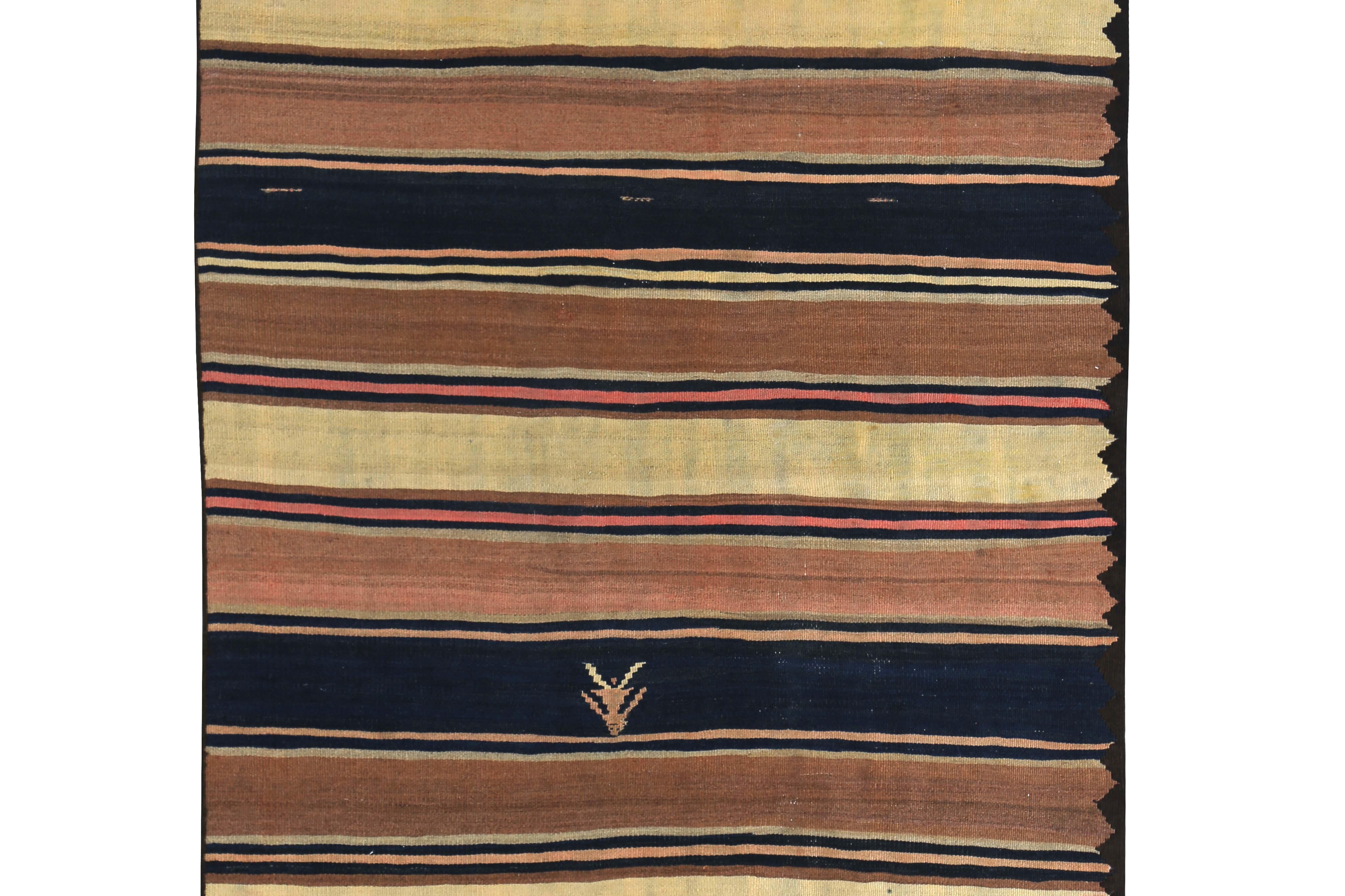 Hand-Woven Modern Turkish Kilim Rug with Brown, Yellow, and Navy Stripes For Sale