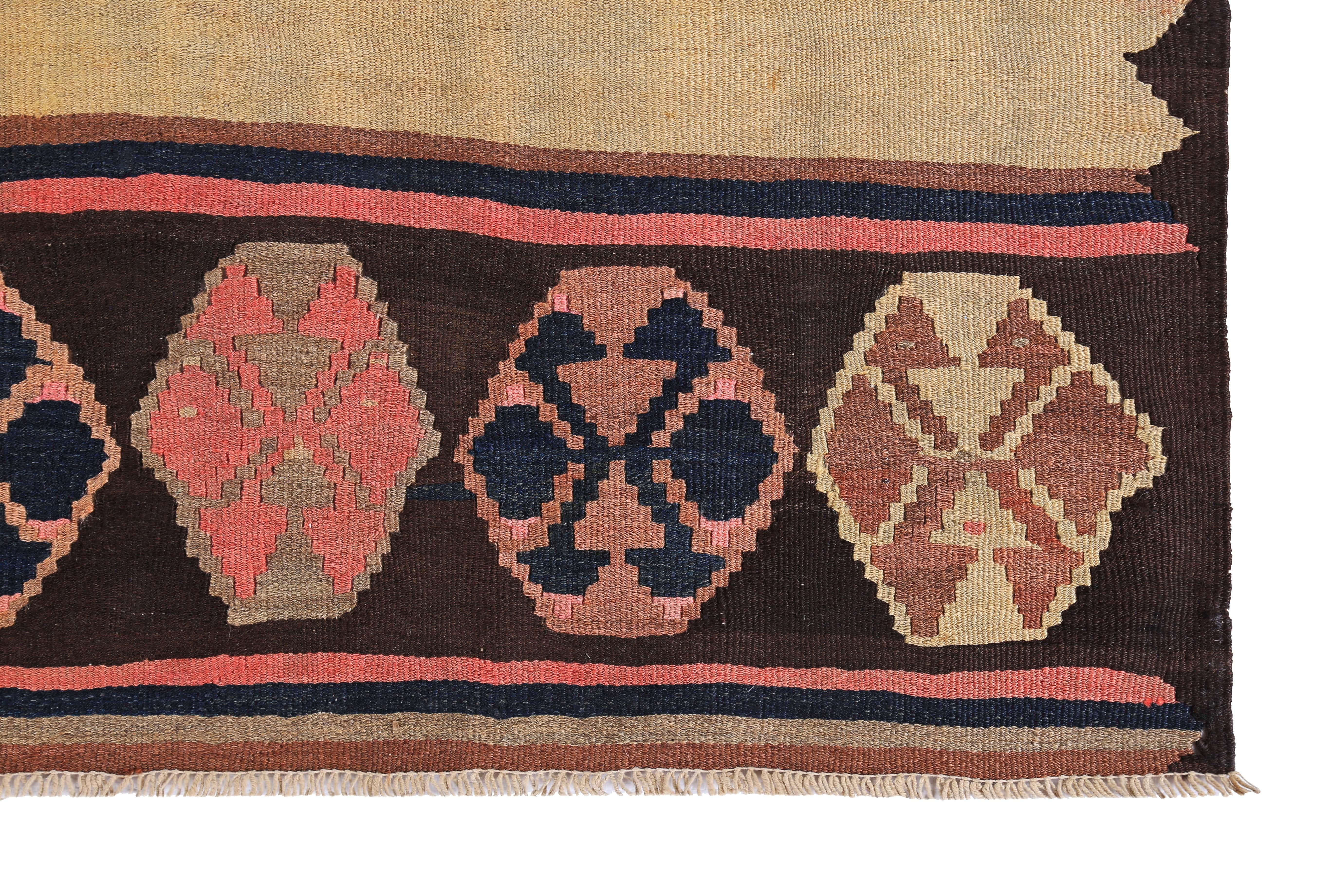 Modern Turkish Kilim Rug with Brown, Yellow, and Navy Stripes In New Condition For Sale In Dallas, TX