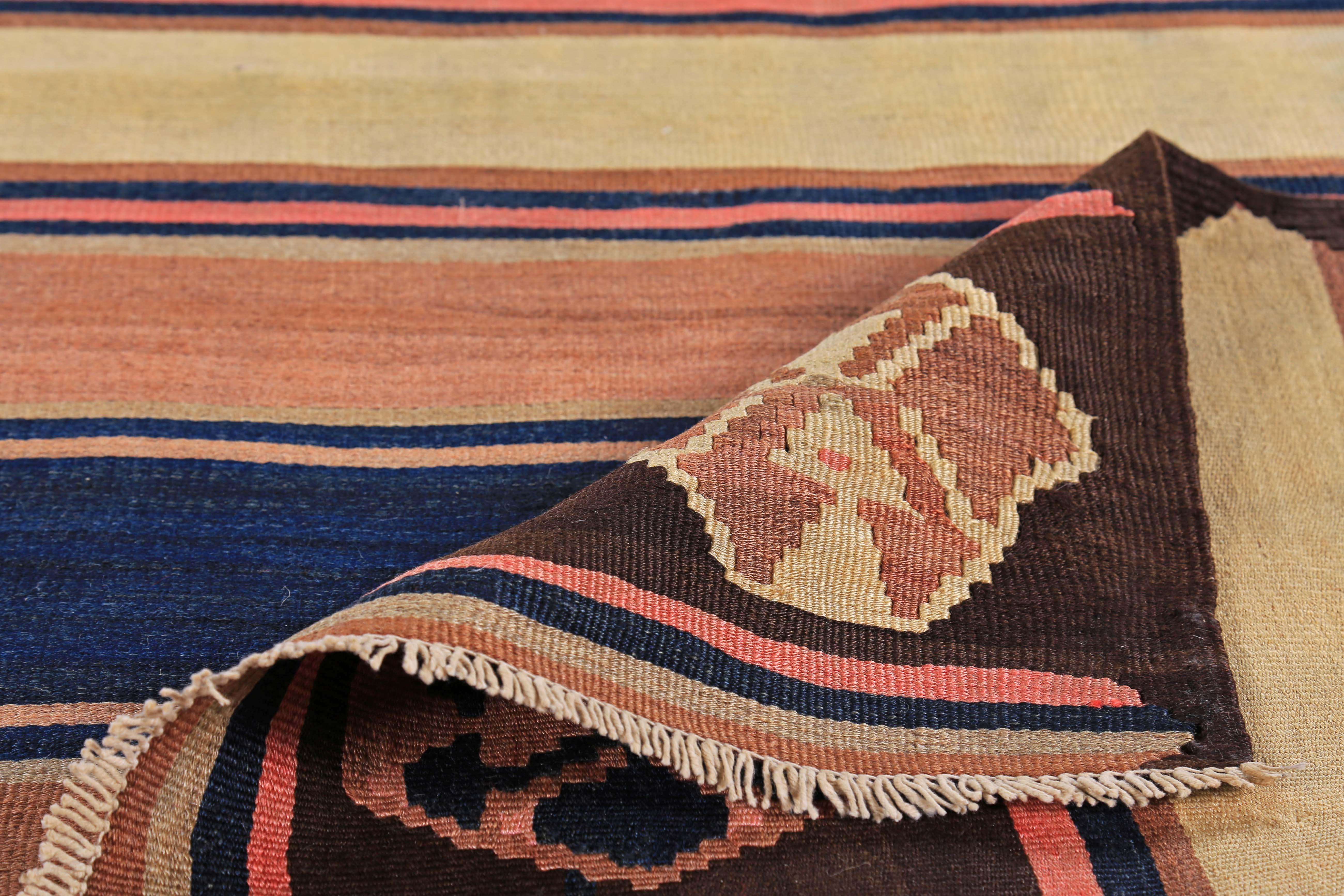 Contemporary Modern Turkish Kilim Rug with Brown, Yellow, and Navy Stripes For Sale
