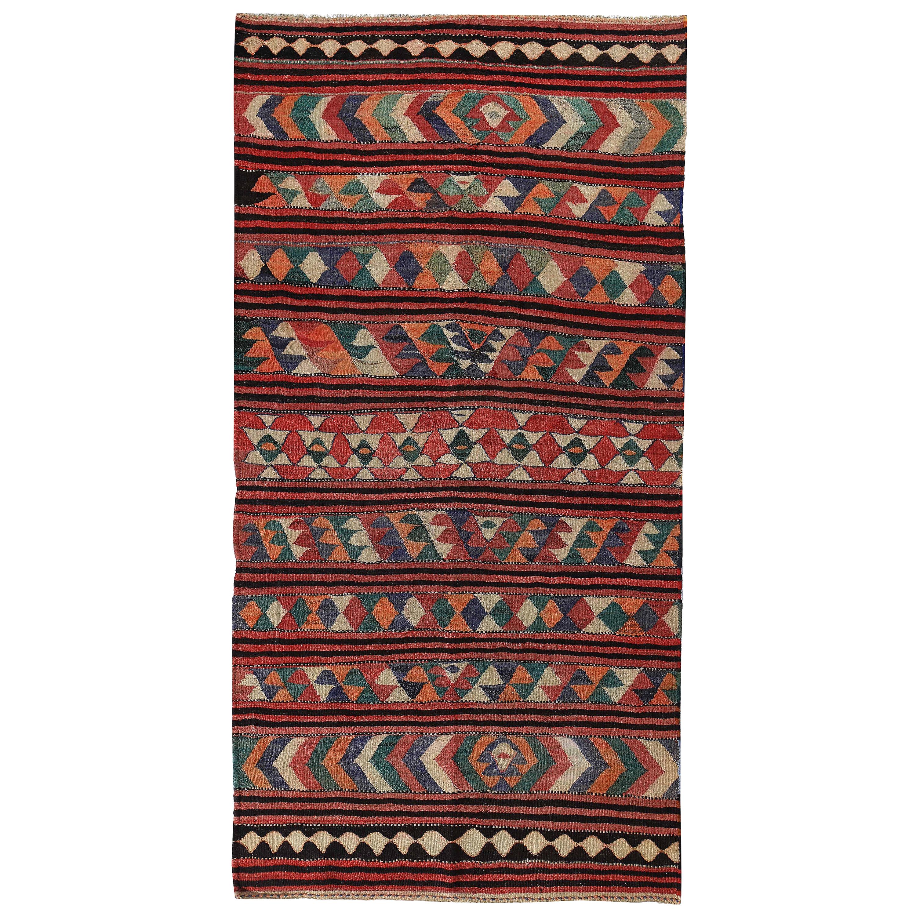Modern Turkish Kilim Rug with Green and Navy Geometric Details on Red Field For Sale