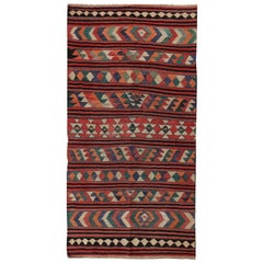 Modern Turkish Kilim Rug with Green and Navy Geometric Details on Red Field