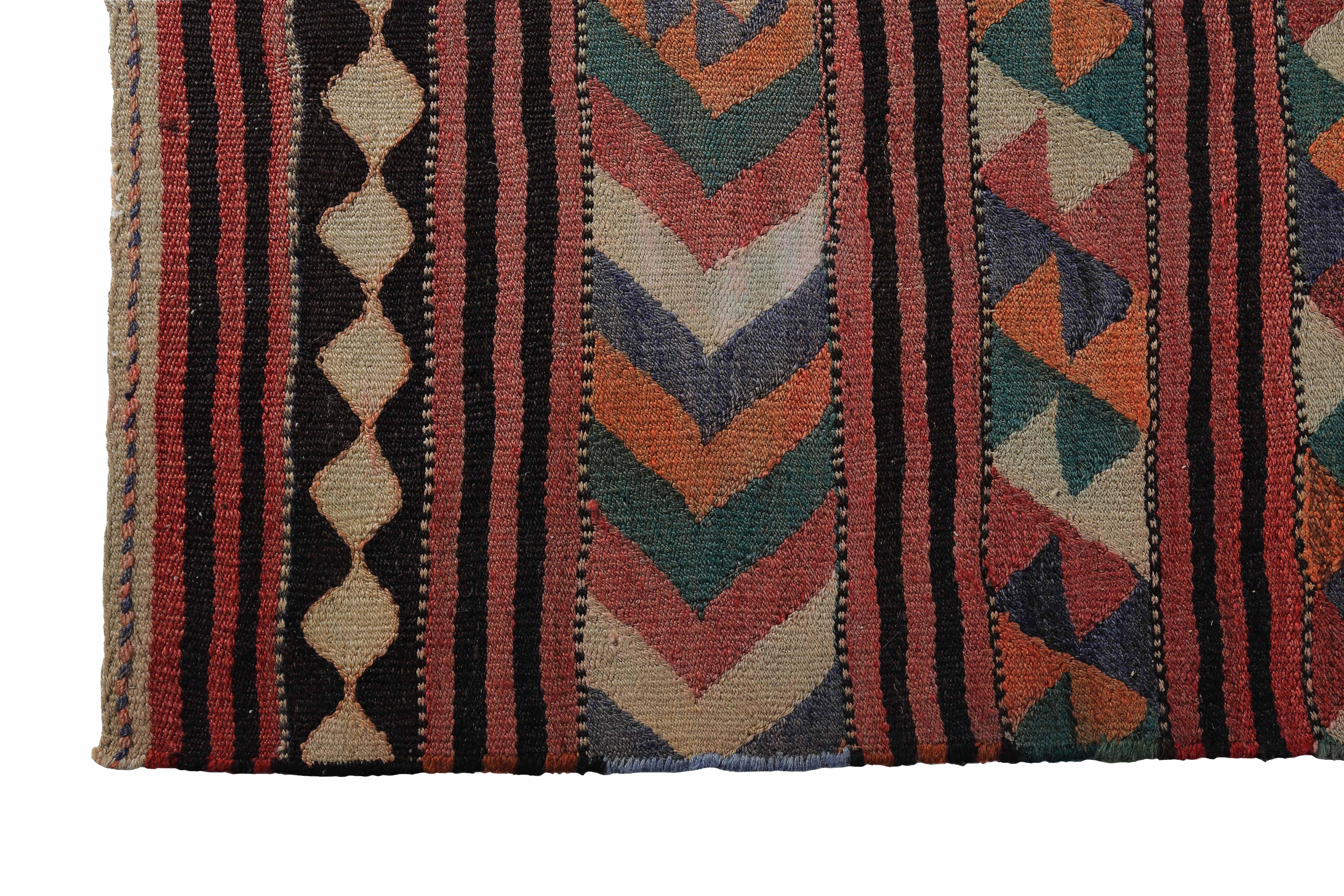 Hand-Woven Modern Turkish Kilim Rug with Green and Navy Geometric Details on Red Field For Sale