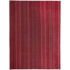 Modern Turkish Kilim Rug with Ivory and Brown Pencil Stripes on Red Field