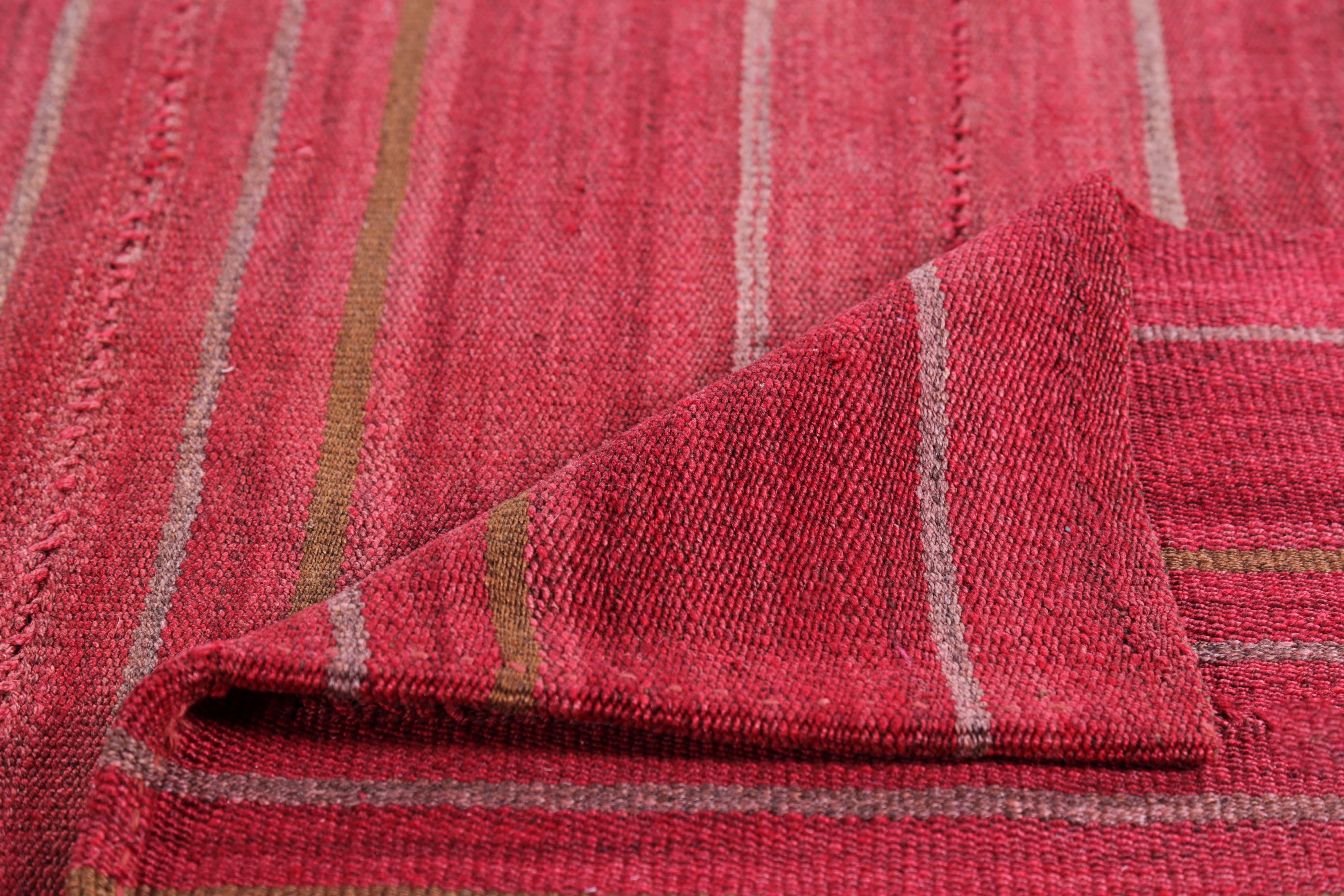 Modern Turkish Kilim Rug with Ivory and Brown Pencil Stripes on Red Field In New Condition For Sale In Dallas, TX
