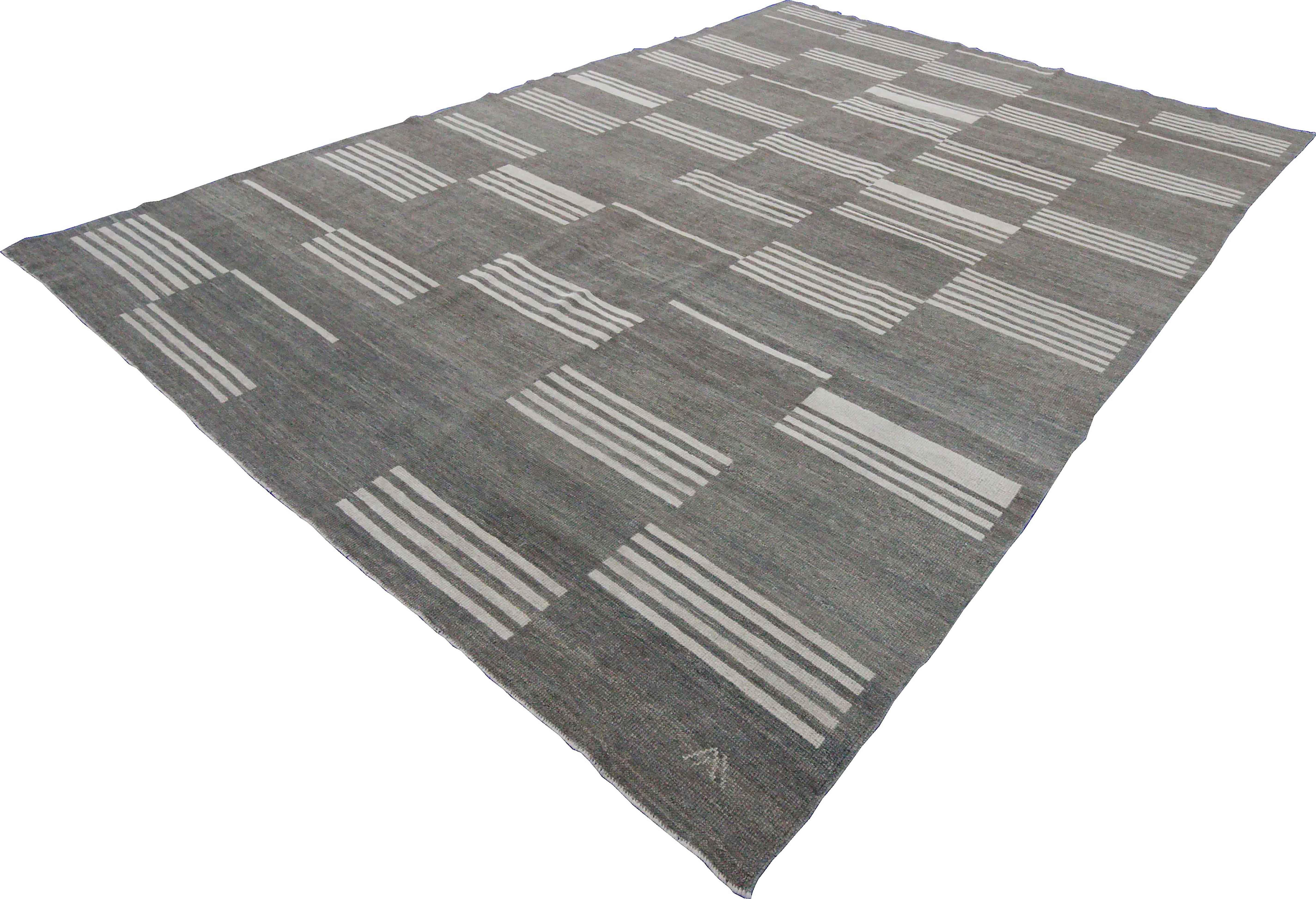 Hand-Woven Modern Turkish Kilim Rug with Ivory Stripes on Gray Field For Sale