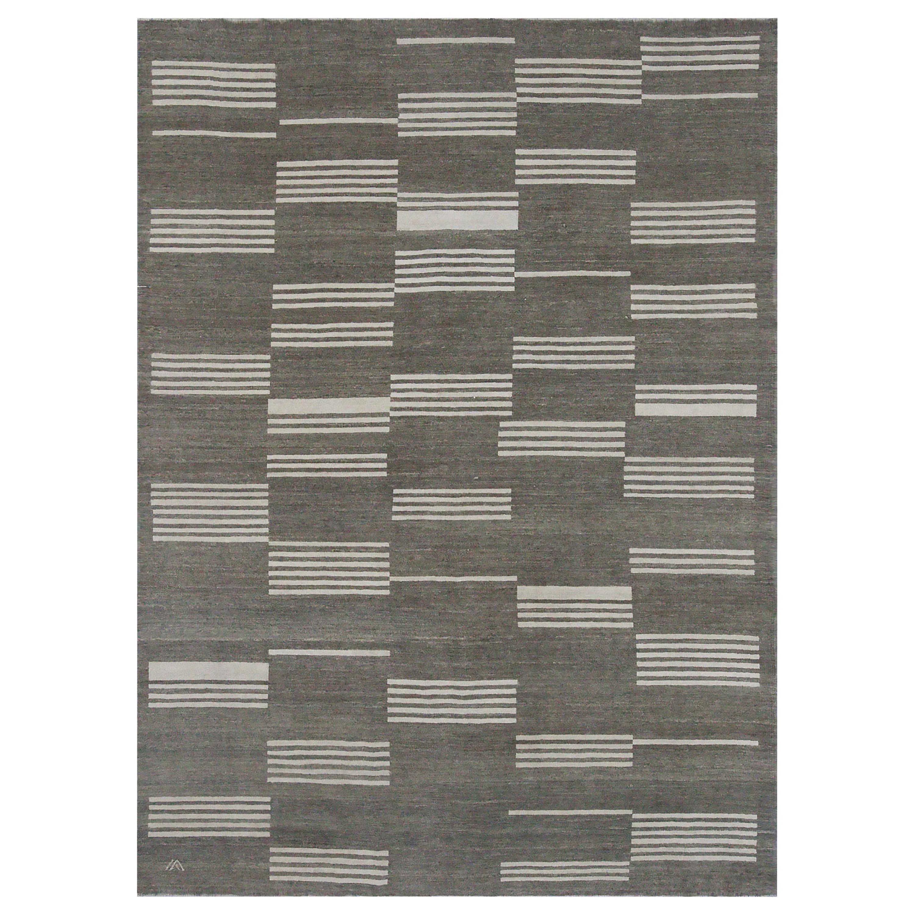 Modern Turkish Kilim Rug with Ivory Stripes on Gray Field For Sale