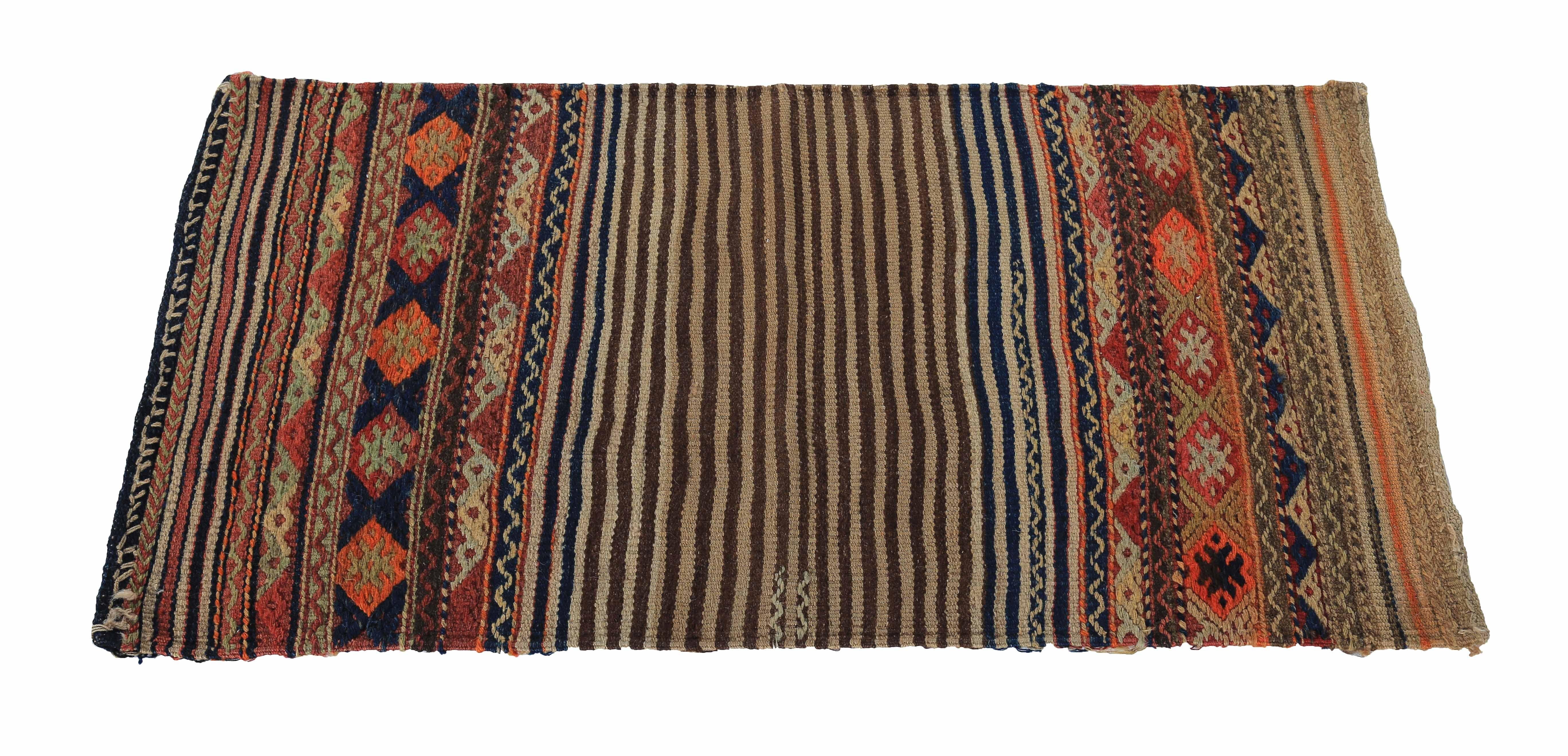 Modern Turkish rug handwoven from the finest sheep’s wool and colored with all-natural vegetable dyes that are safe for humans and pets. It’s a traditional Kilim flat-weave design featuring orange and brown tribal details. It’s a stunning piece to