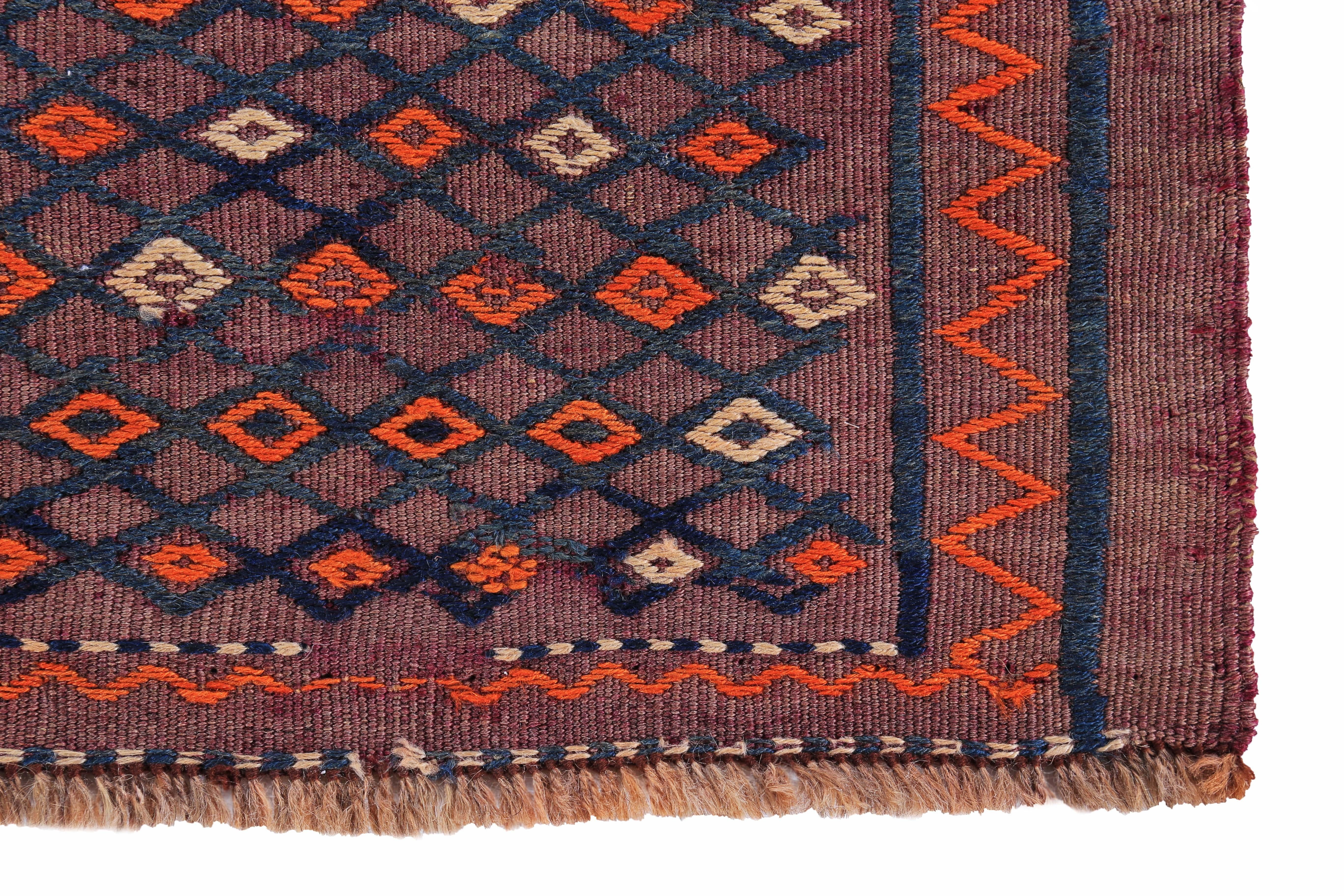 Hand-Woven Modern Turkish Kilim Rug with Navy and Orange Tribal Design on Red Field