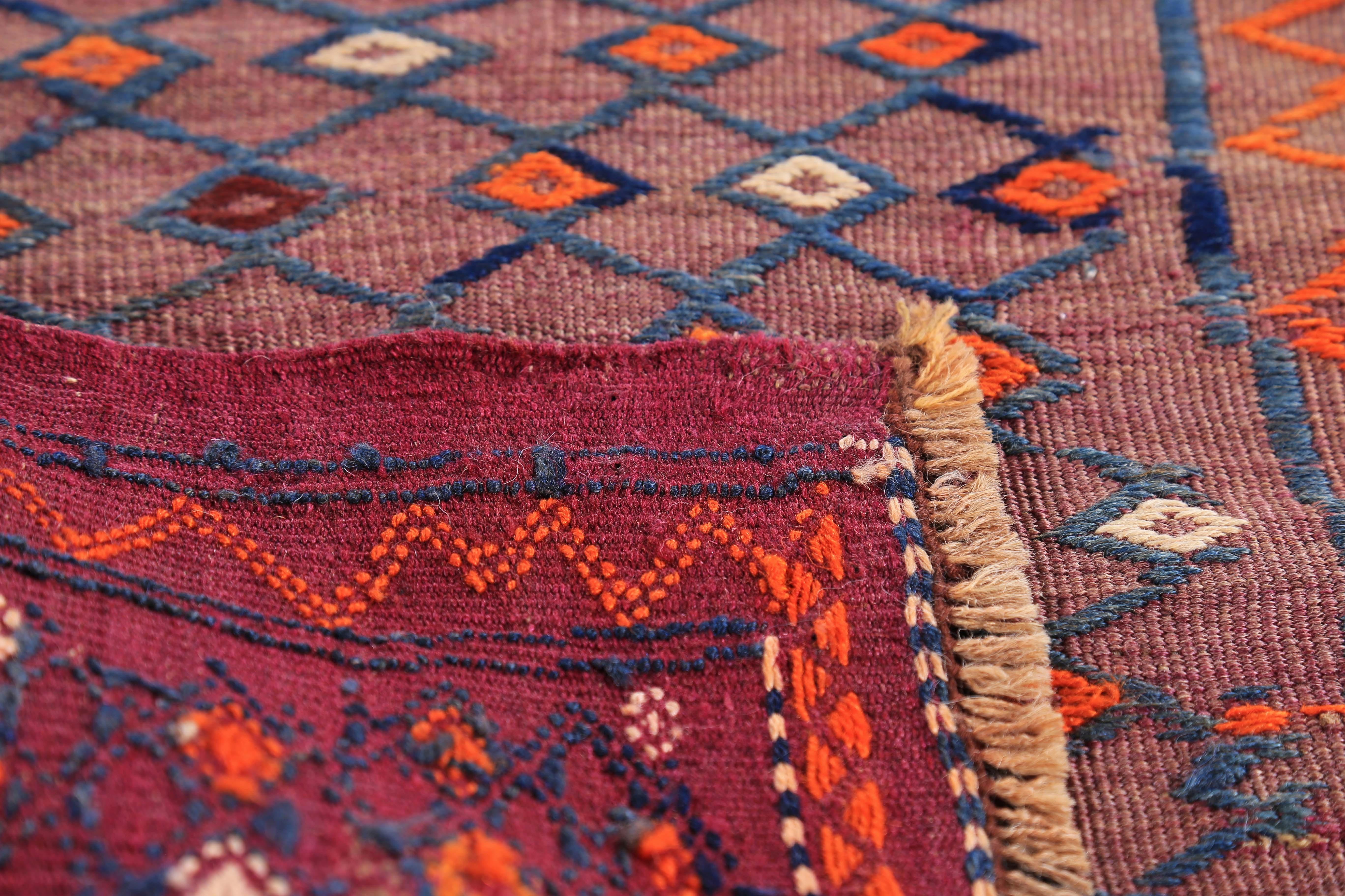 Modern Turkish Kilim Rug with Navy and Orange Tribal Design on Red Field In New Condition In Dallas, TX