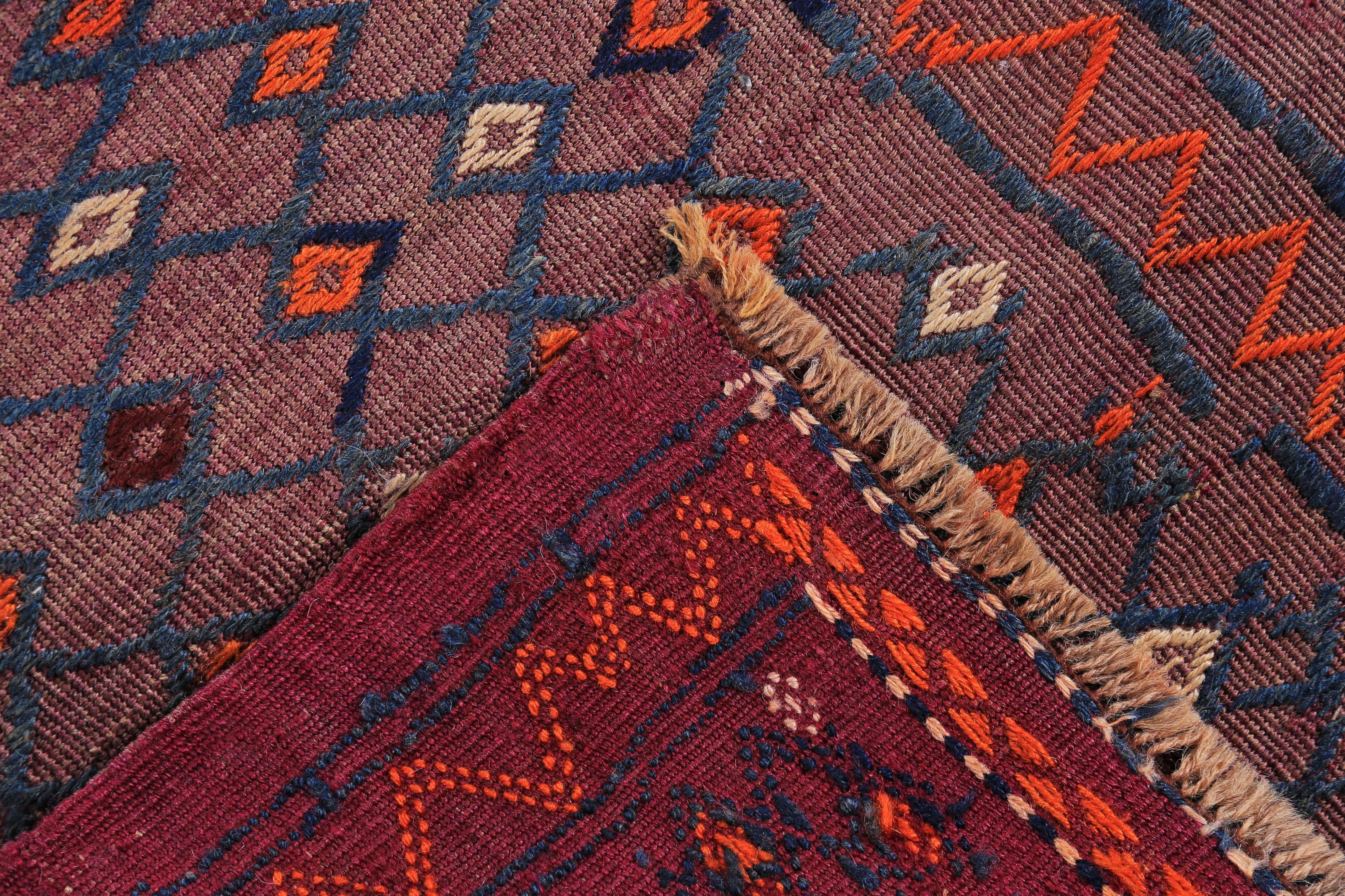 Contemporary Modern Turkish Kilim Rug with Navy and Orange Tribal Design on Red Field