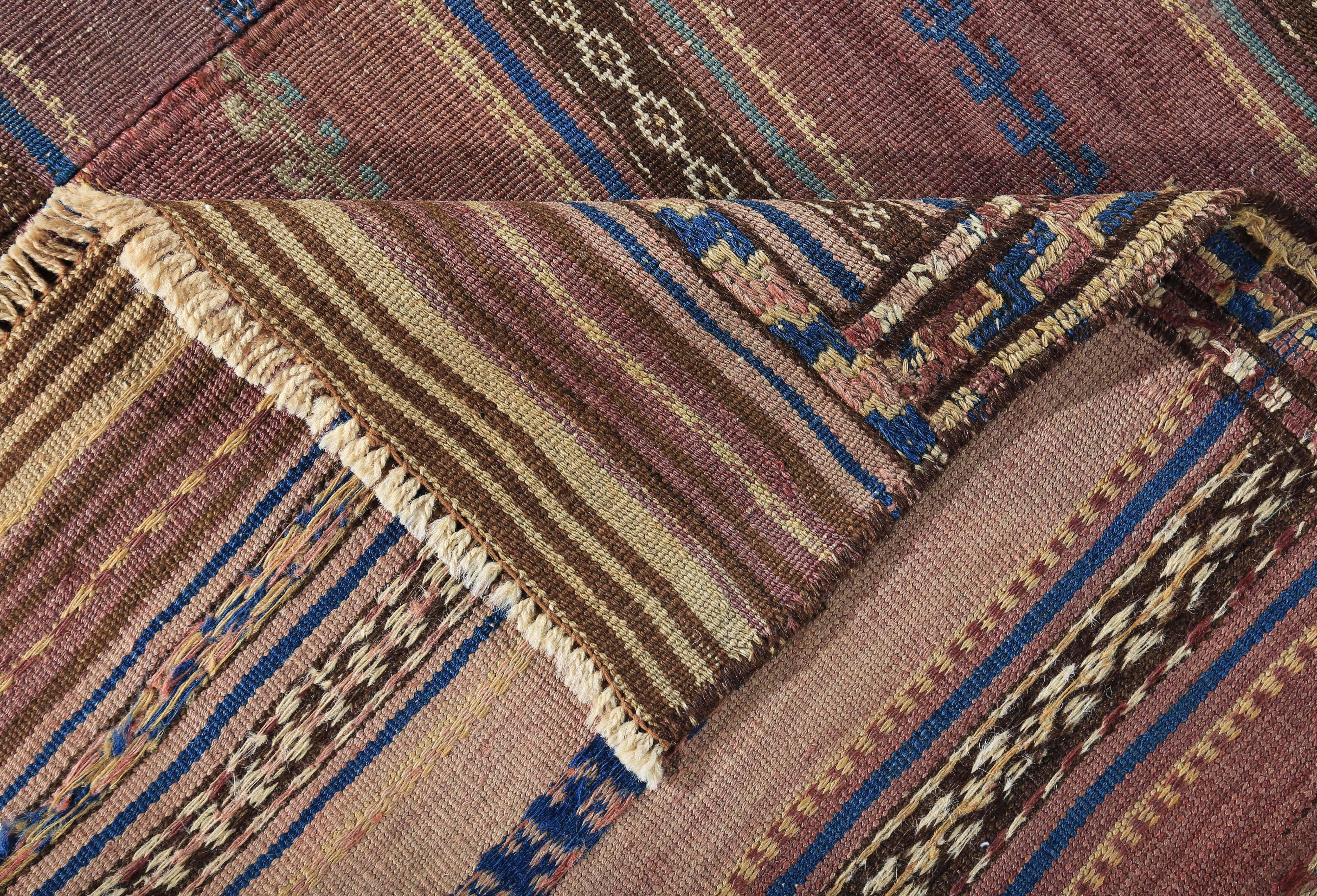 Hand-Woven Modern Turkish Kilim Rug with Navy and White Tribal Details on Brown Field For Sale