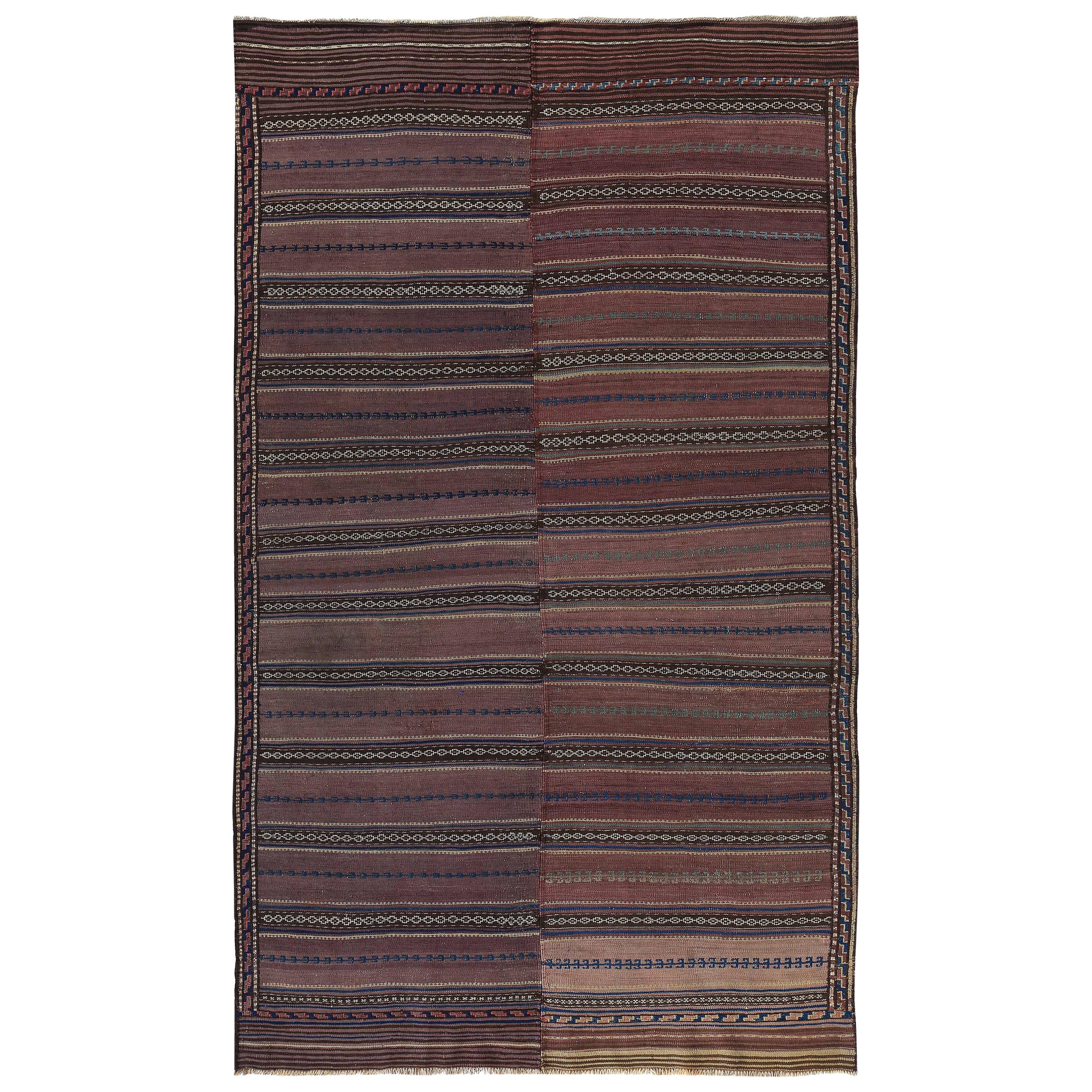 Modern Turkish Kilim Rug with Navy and White Tribal Details on Brown Field