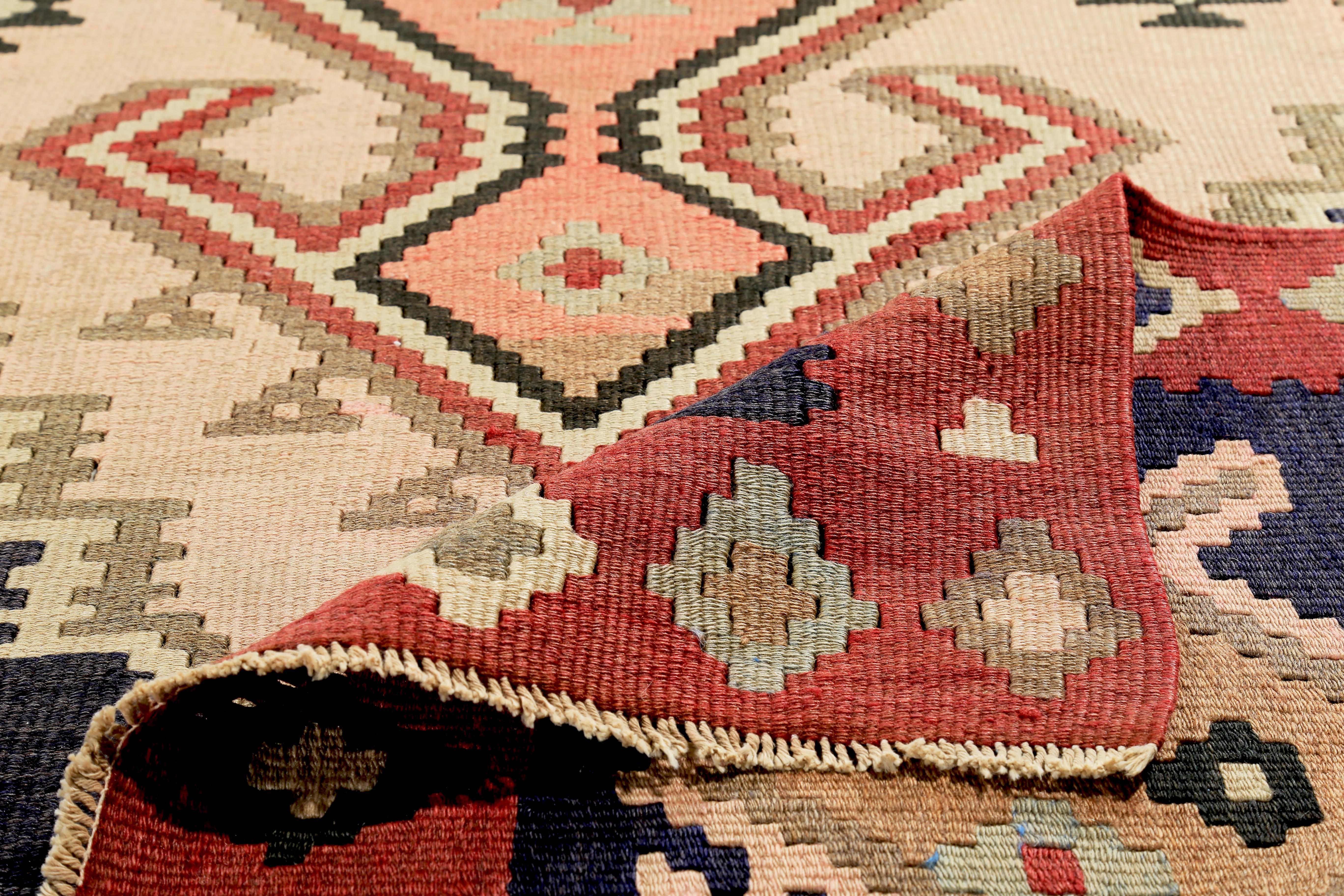20th Century Modern Turkish Kilim Rug with Orange and Beige Tribal Diamonds on Black Field For Sale