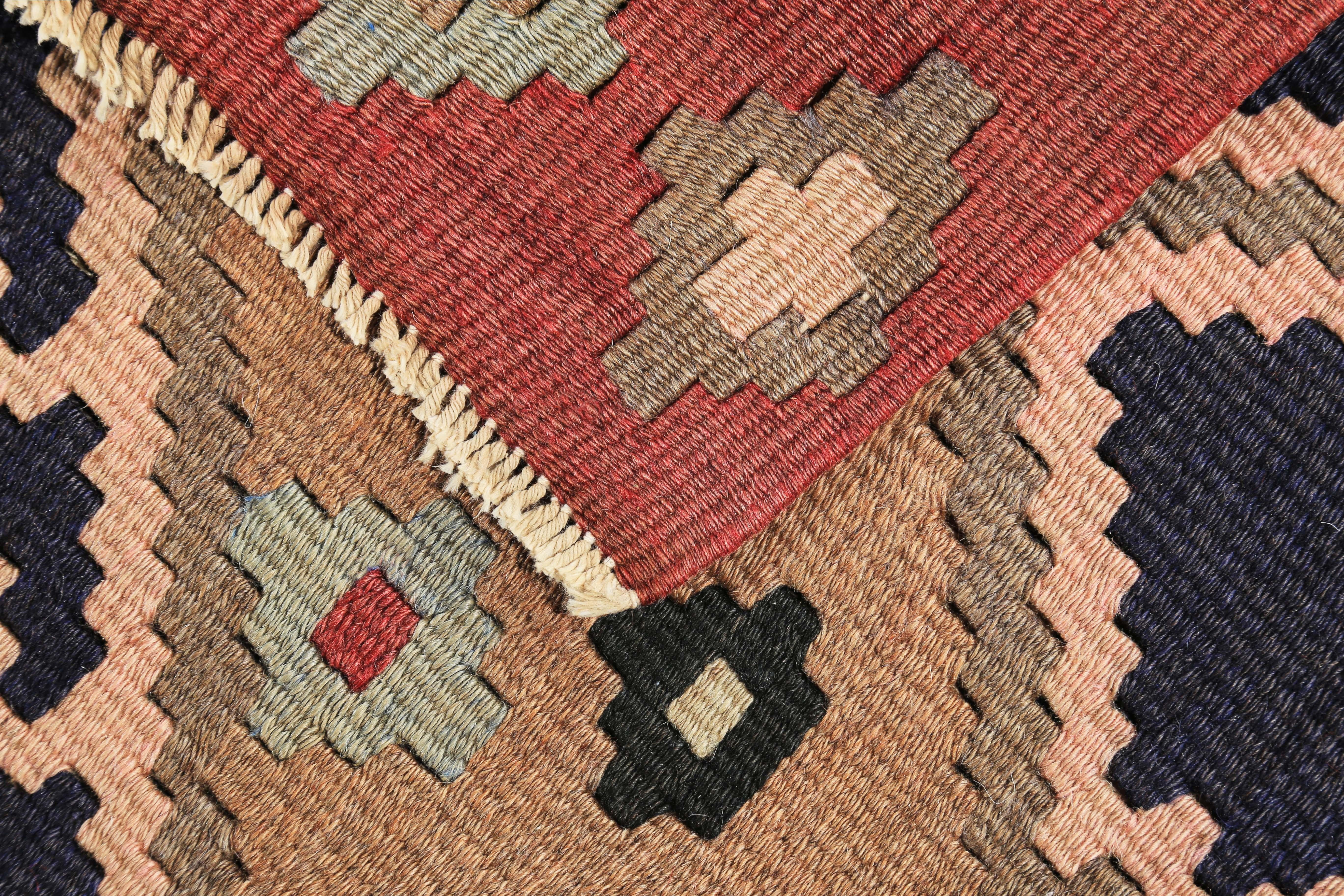 Wool Modern Turkish Kilim Rug with Orange and Beige Tribal Diamonds on Black Field For Sale