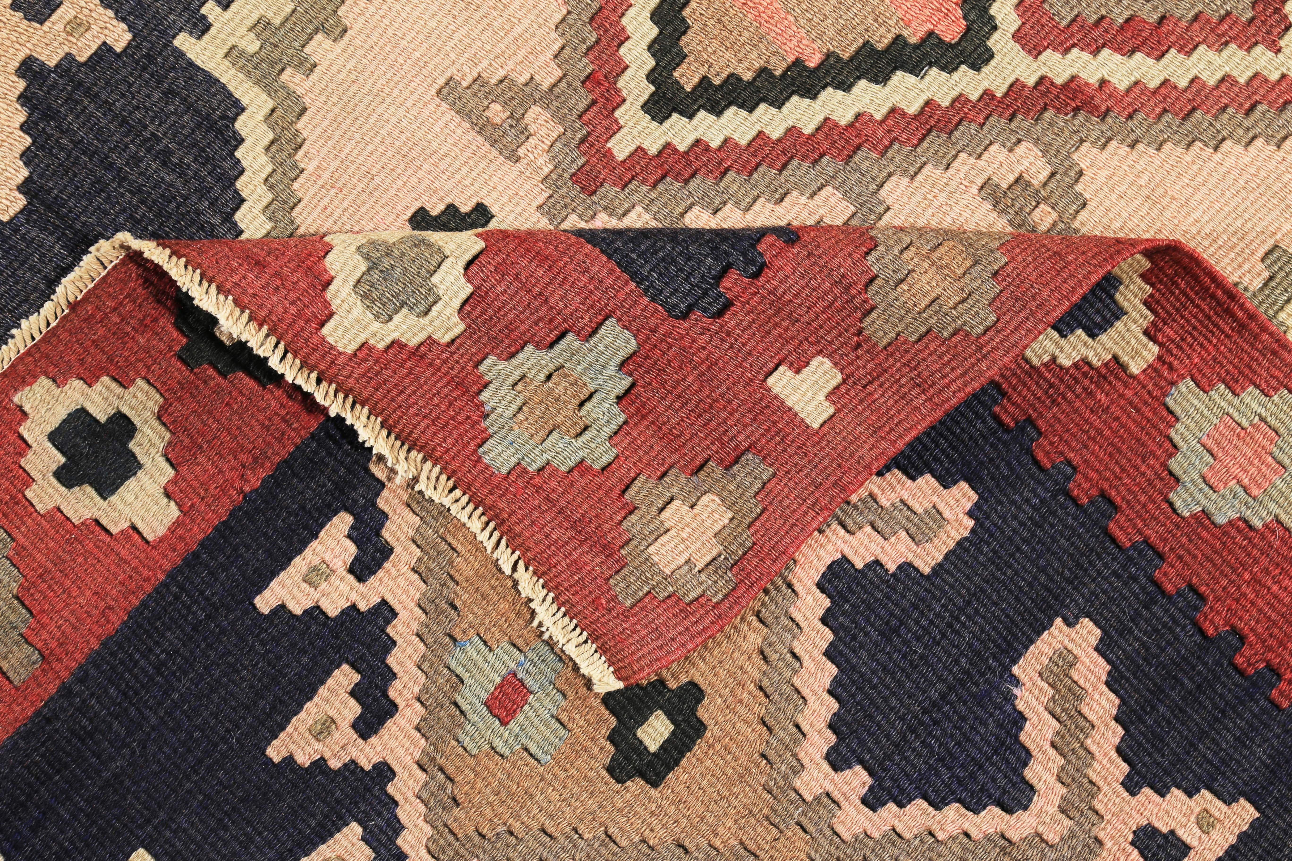 Modern Turkish Kilim Rug with Orange and Beige Tribal Diamonds on Black Field For Sale 1