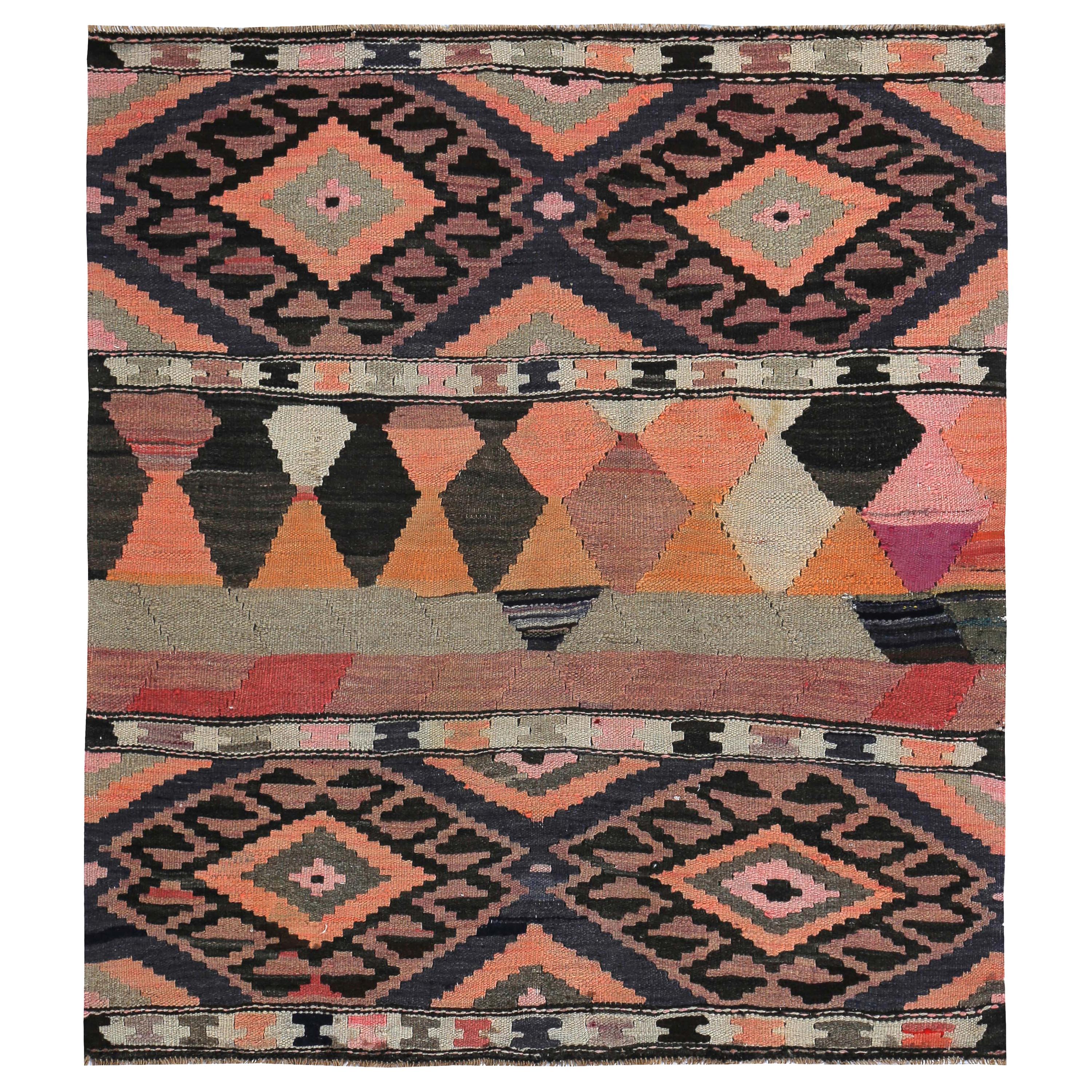 Modern Turkish Kilim Rug with Orange, Black and Beige Tribal Diamonds