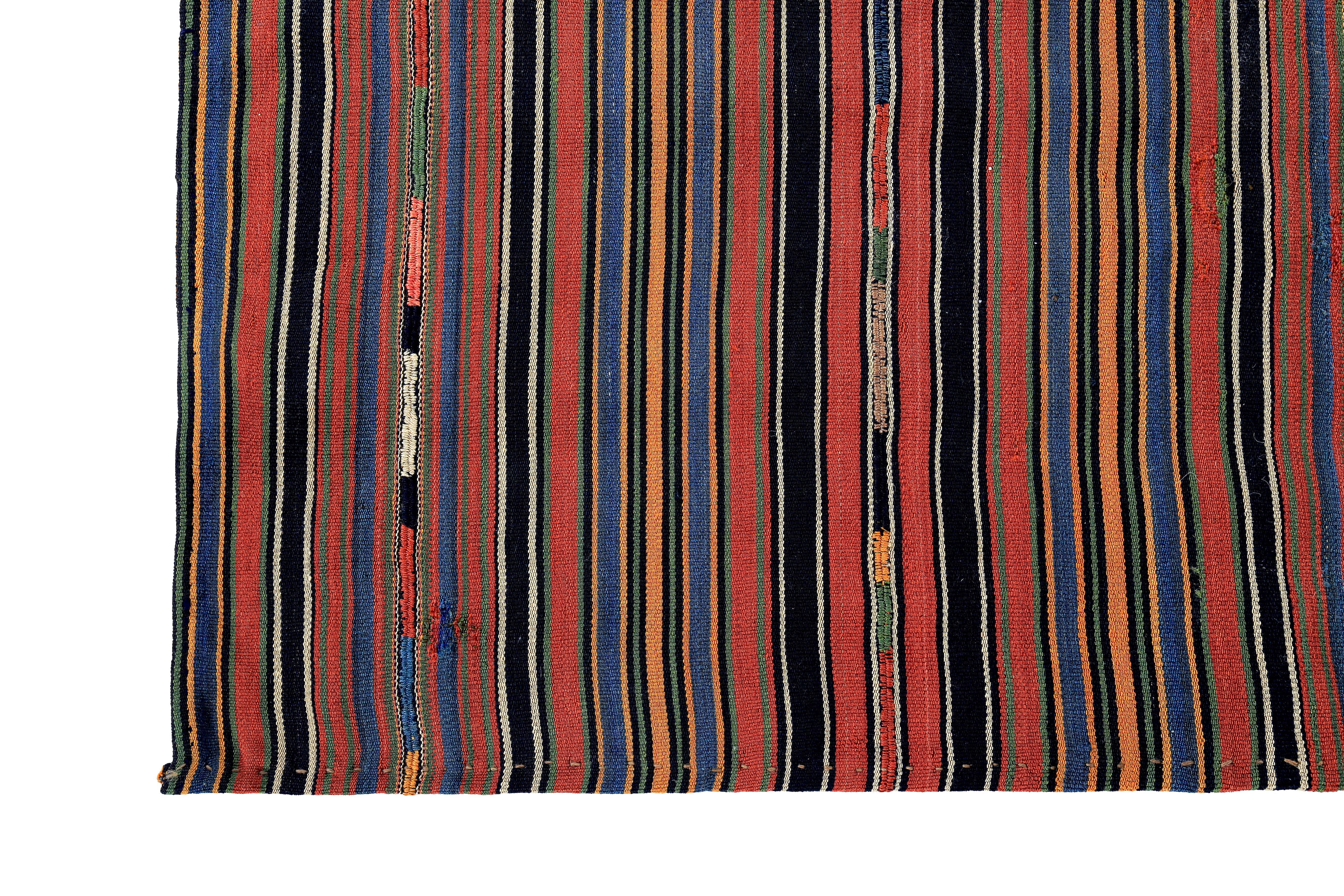 Hand-Woven Modern Turkish Kilim Rug with Orange, Black, Blue Pencil Stripes on Red Field For Sale