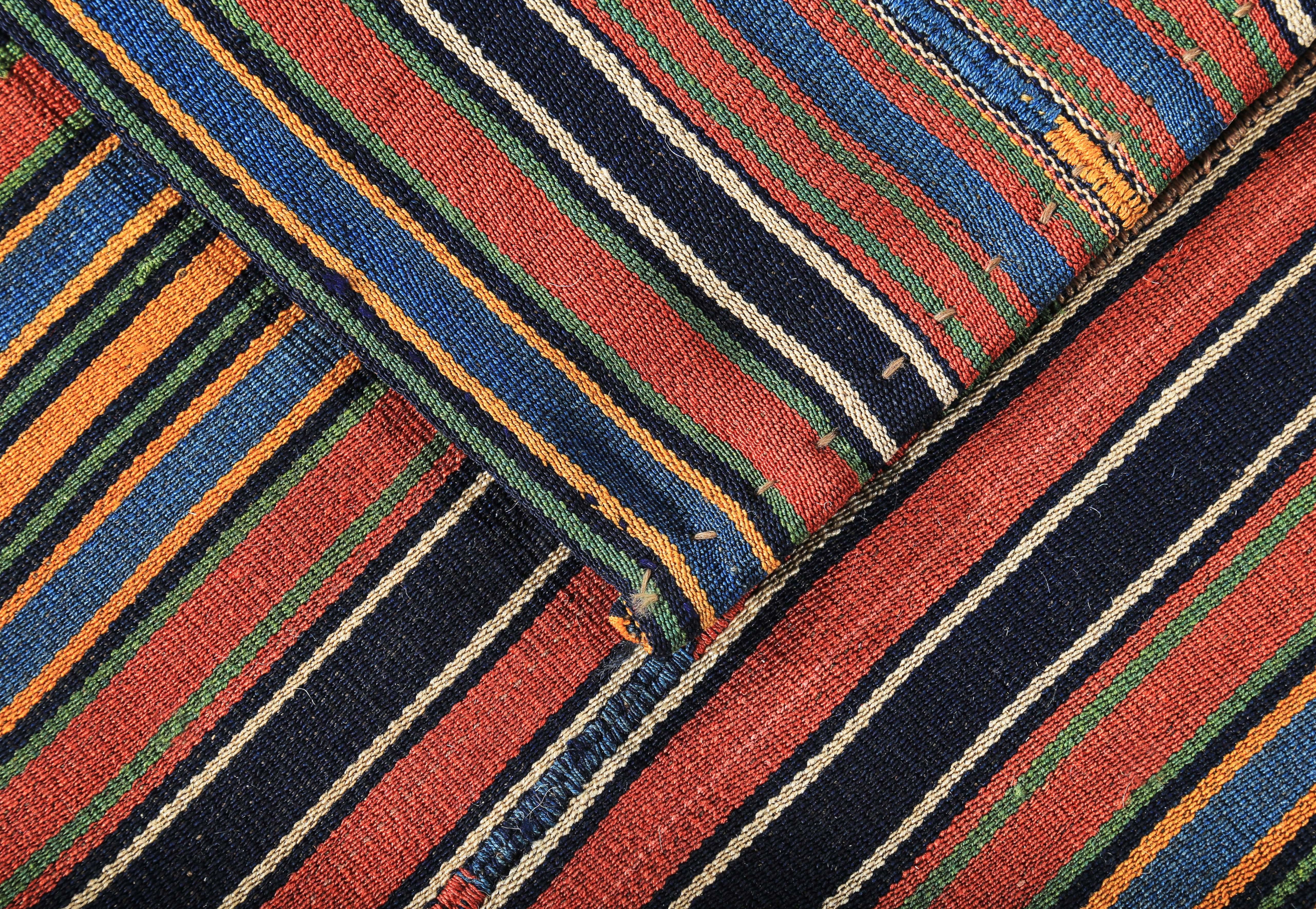 Modern Turkish Kilim Rug with Orange, Black, Blue Pencil Stripes on Red Field In New Condition For Sale In Dallas, TX