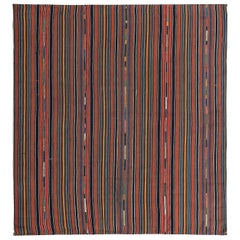 Modern Turkish Kilim Rug with Orange, Black, Blue Pencil Stripes on Red Field