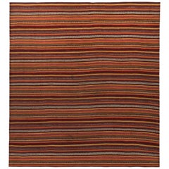 Alfombra Kilim Turca Moderna con Rayas Lápiz Naranja, Rojo y Beige